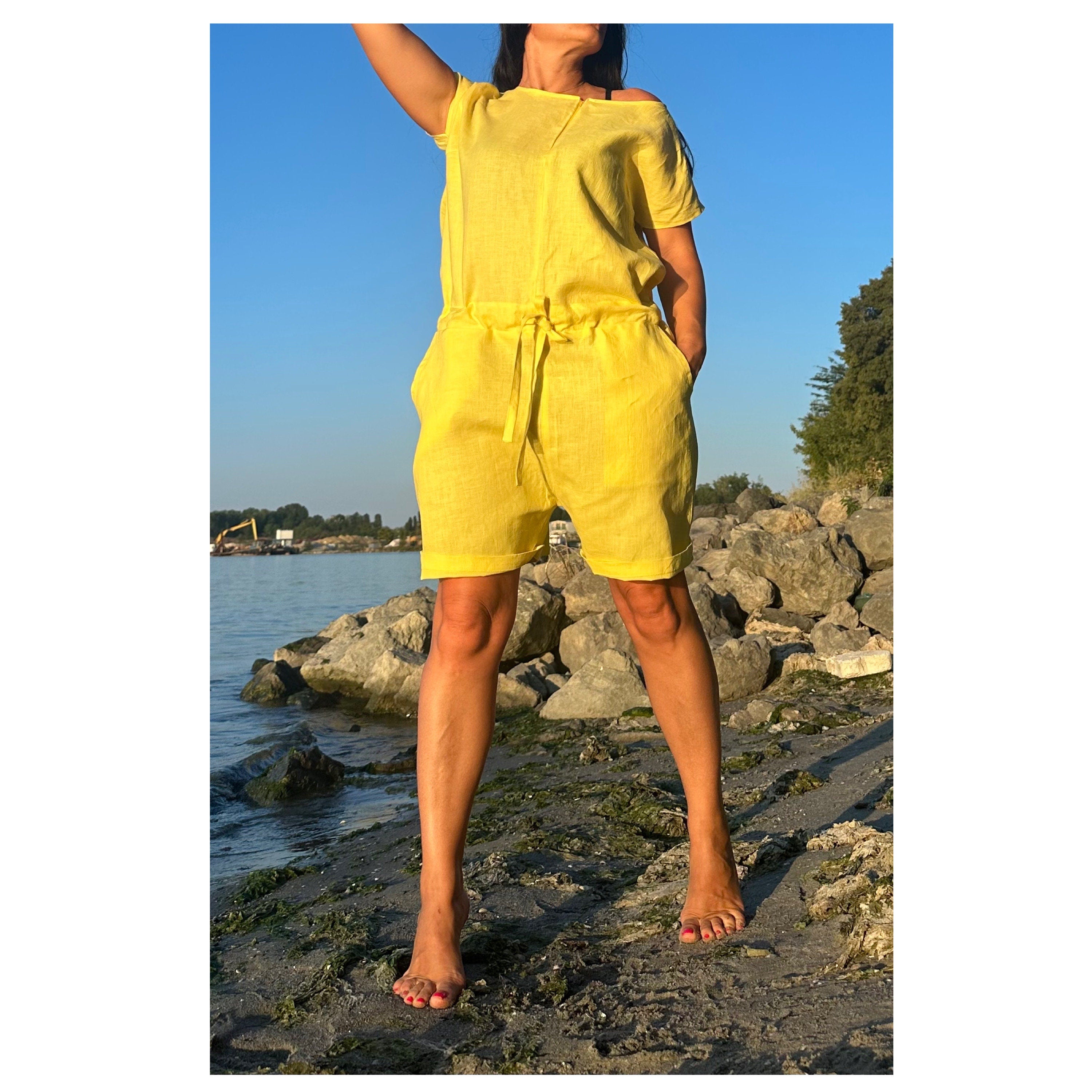 Yellow Linen Overalls / Sleeveless Open Back Summer Jumpsuit