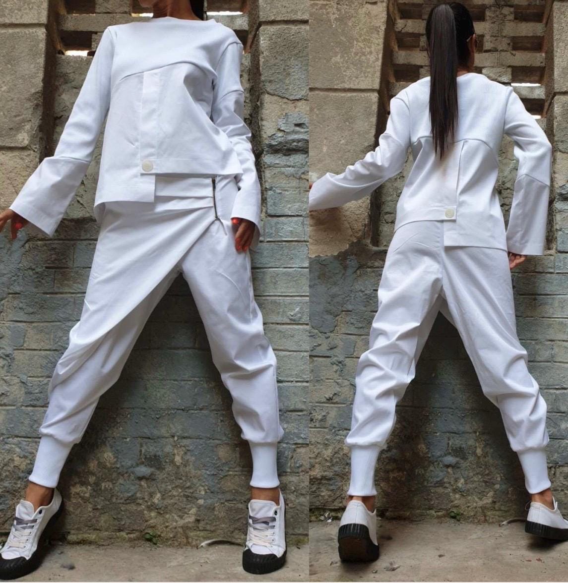 Black Asymmetric Two-Piece Set – Avant-Garde Women’s Outfit / Handmade Cotton Top & Drop Crotch Pants / Minimalist Modern Streetwear