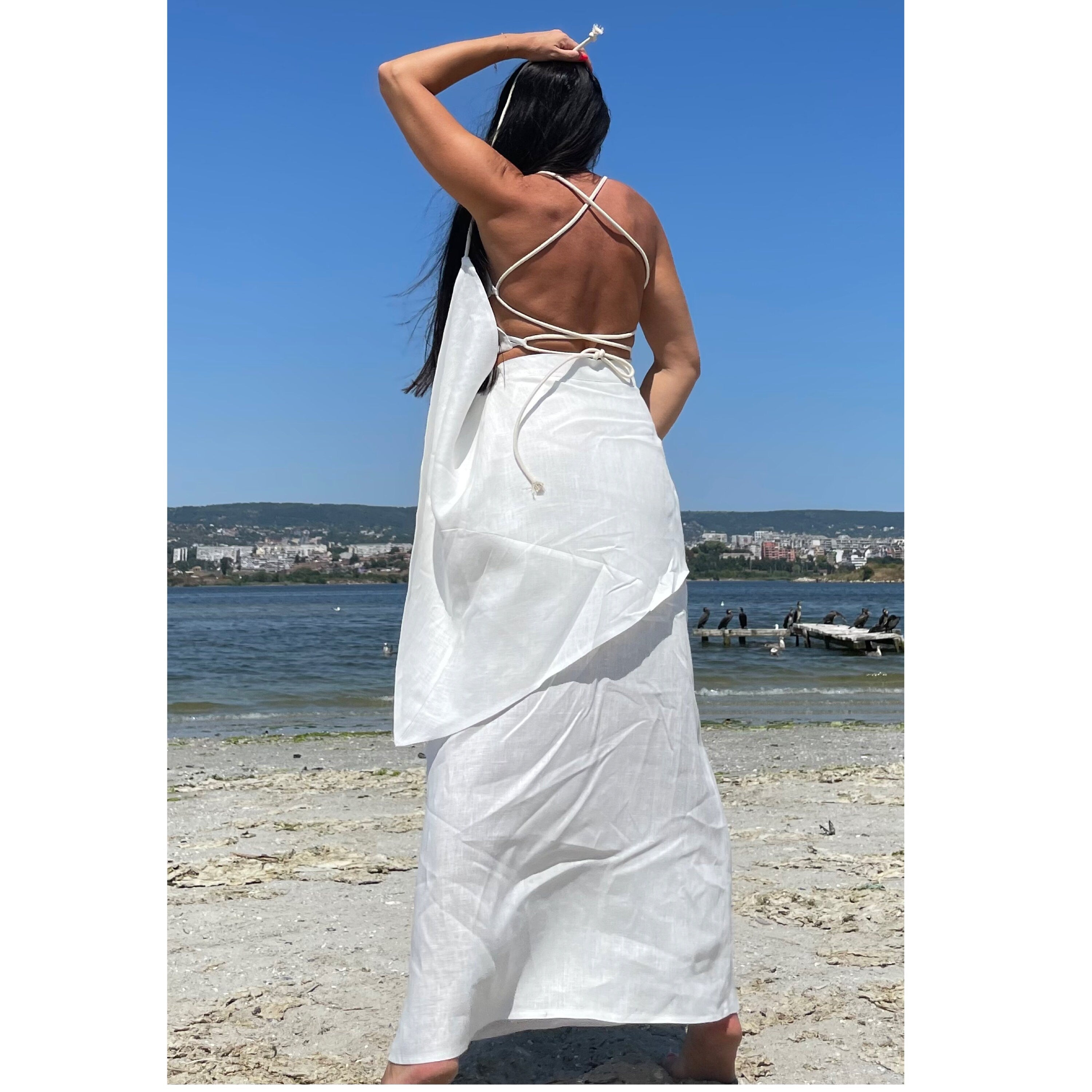 Asymmetrical High-Waisted White Linen Skirt with Wrap Tie Panels – Handmade Minimalist Summer Skirt