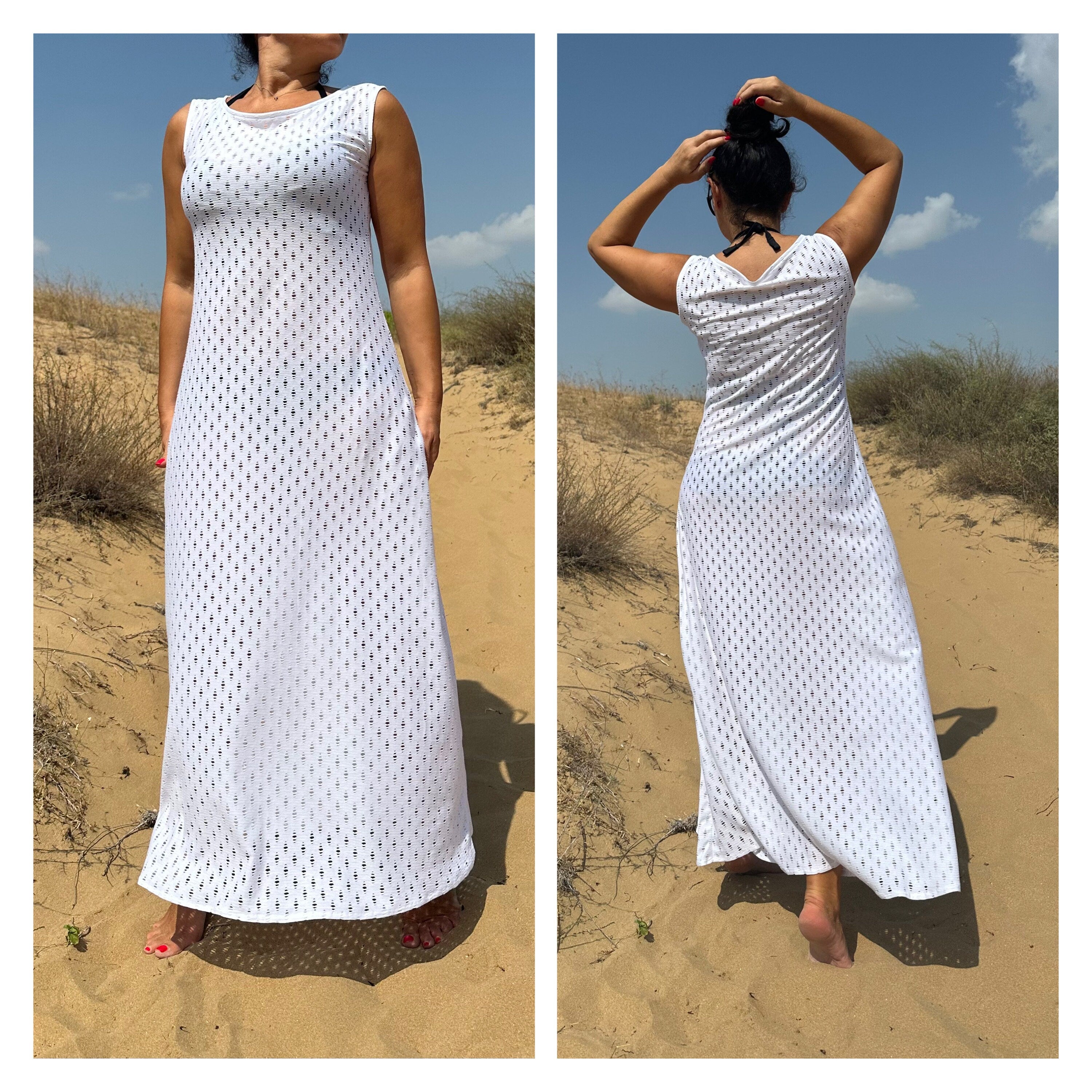 White Cotton Knit Maxi Dress / Sleeveless Summer Beach Dress
