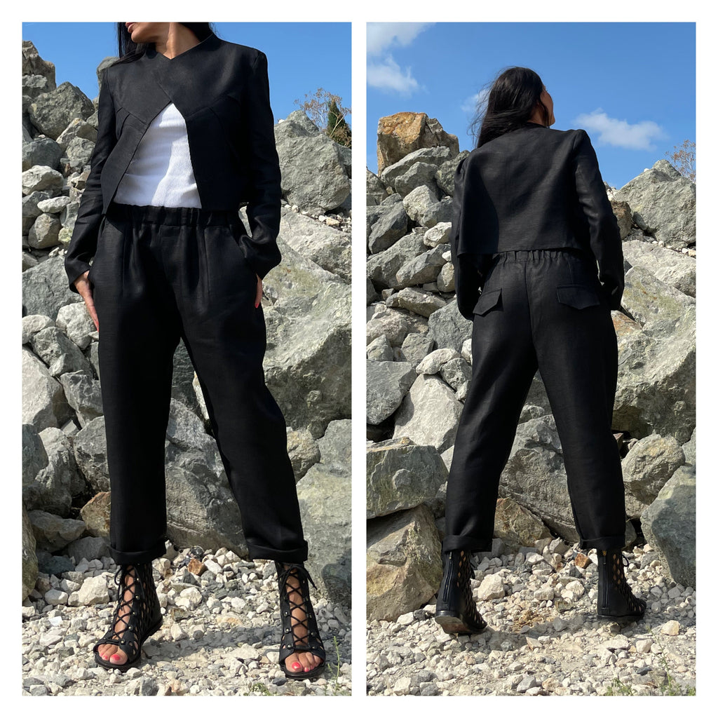 Short Black Linen Jacket with Long Sleeves – Designer Front-Gathered Open Blazer
