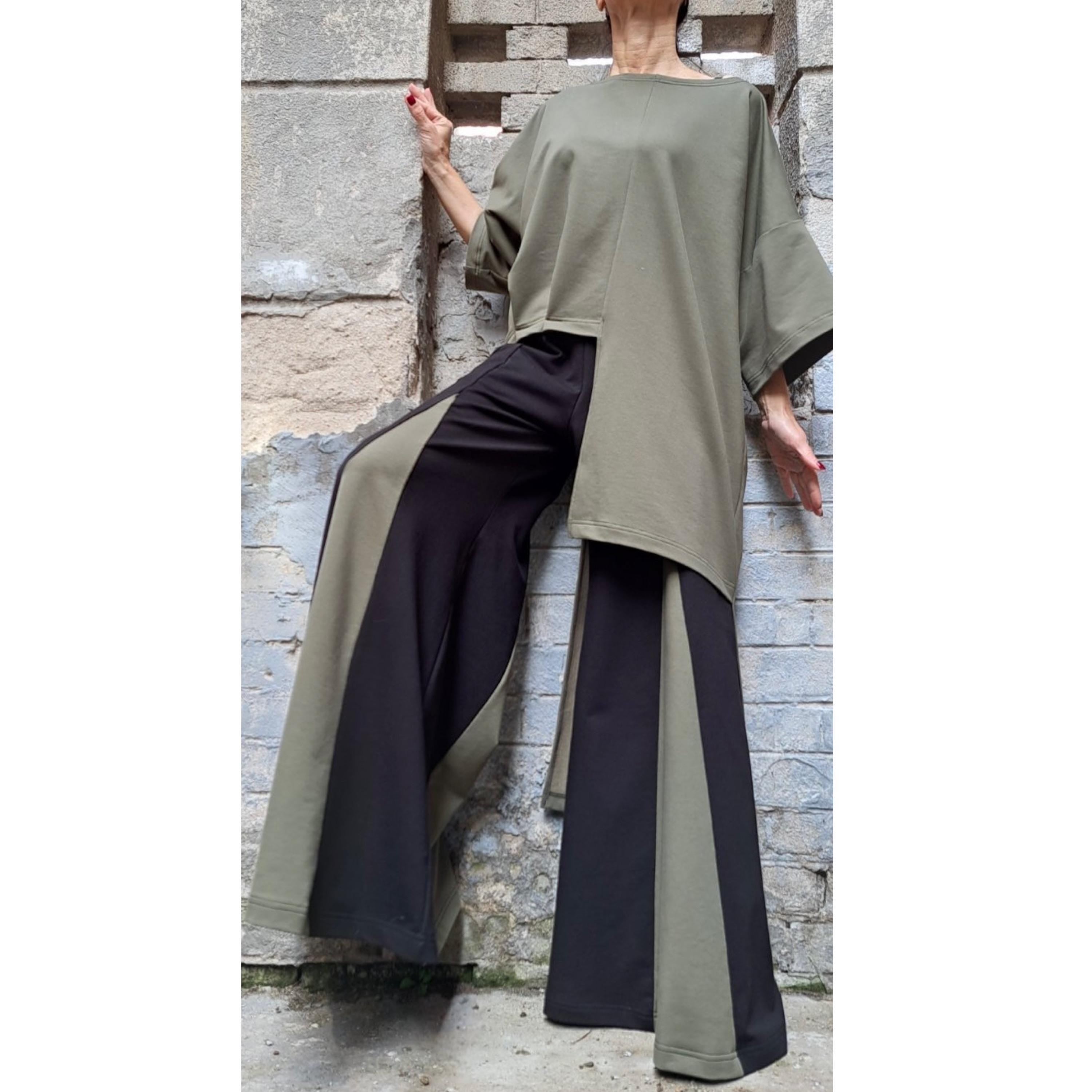 Asymmetric Two-Piece Cotton Set – Wide-Leg High-Waist Pants & Oversized Short-Sleeve Top / Avant-Garde Women’s Outfit XS-5XL