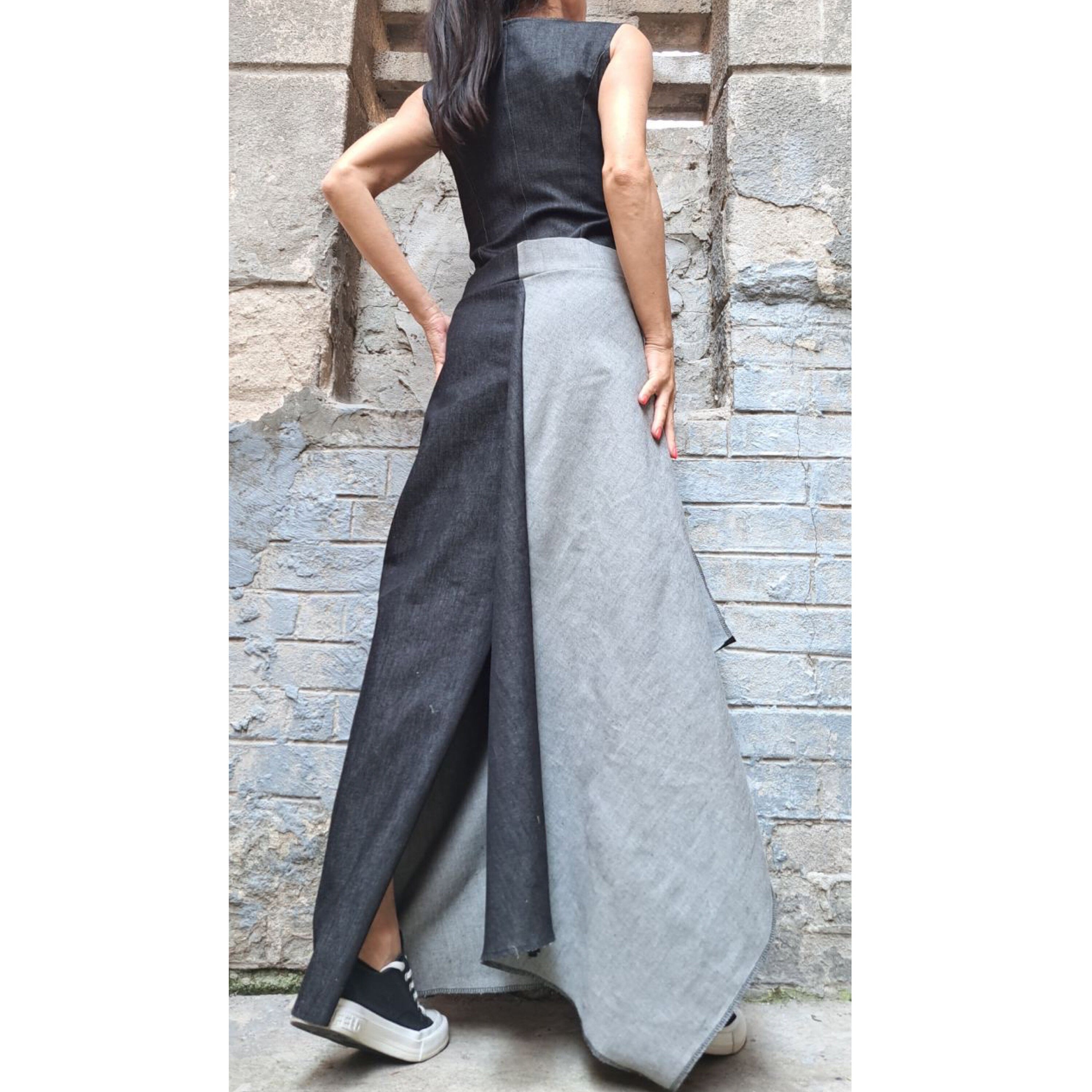 Asymmetric Denim Maxi Dress – Avant Garde A-Line Jean Dress with Side Slit / Women’s Streetwear Sculptural Dress