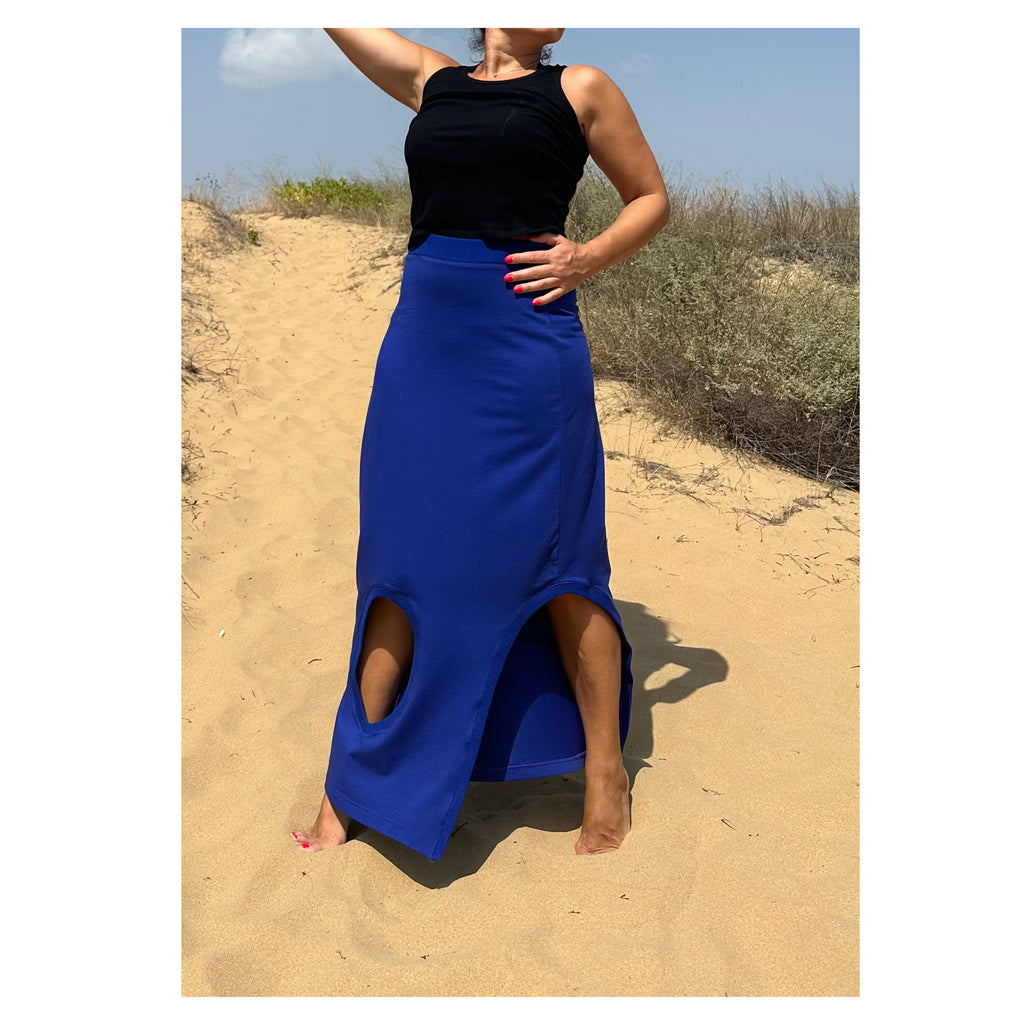 High-Waisted Cotton Skirt – Blue Maxi Skirt with Side Cut-Out and Slit / Handmade Summer Fashion