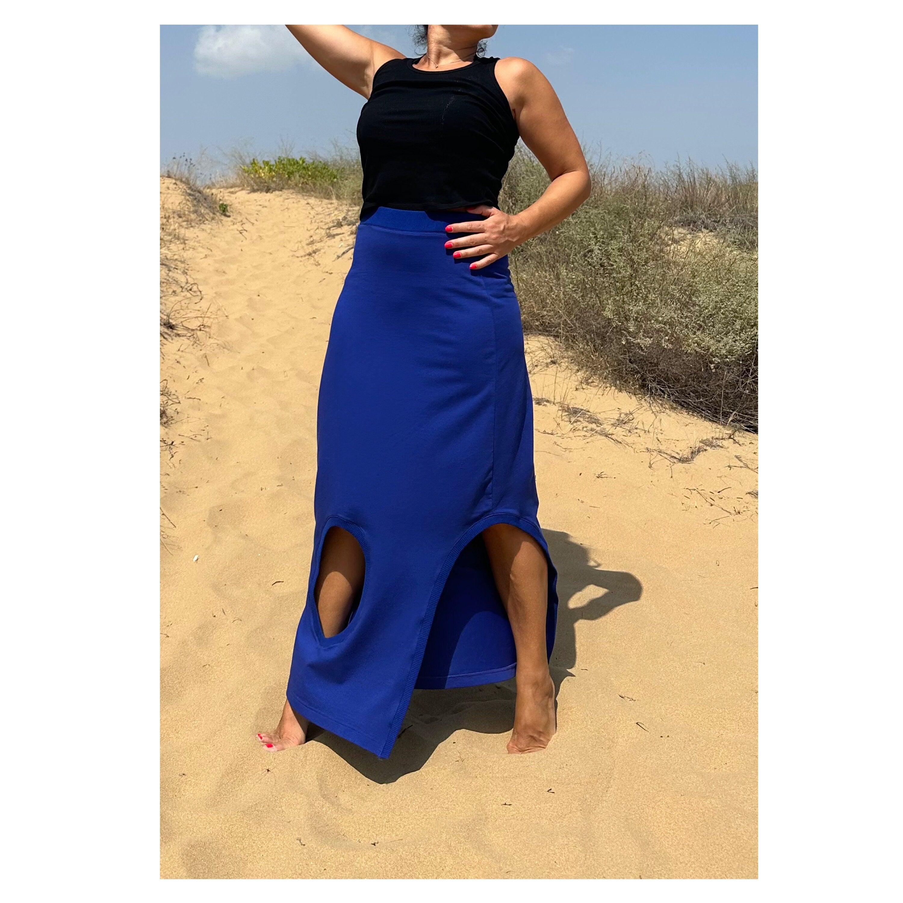 High-Waisted Cotton Skirt – Blue Maxi Skirt with Side Cut-Out and Slit / Handmade Summer Fashion