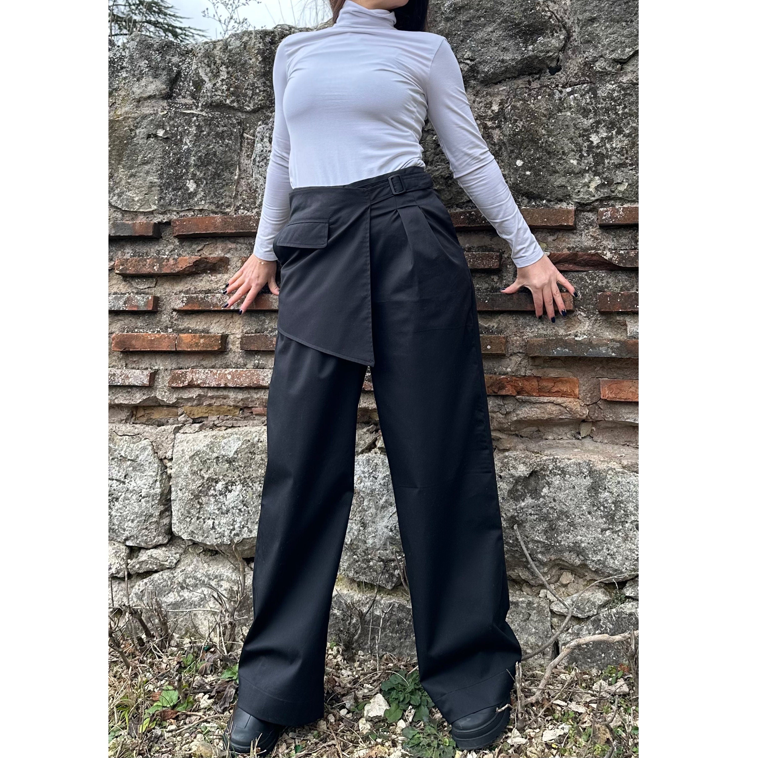 High Waist Black Wide-Leg Pants with Wrap Belt – Cotton Textured Urban Trousers