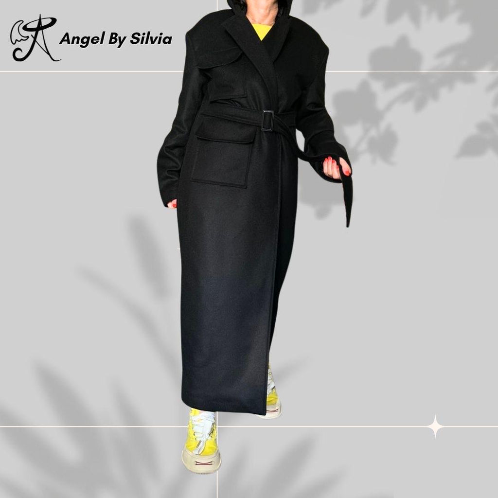 Black Wool Blend Belted Trench Coat: Classic Winter Style