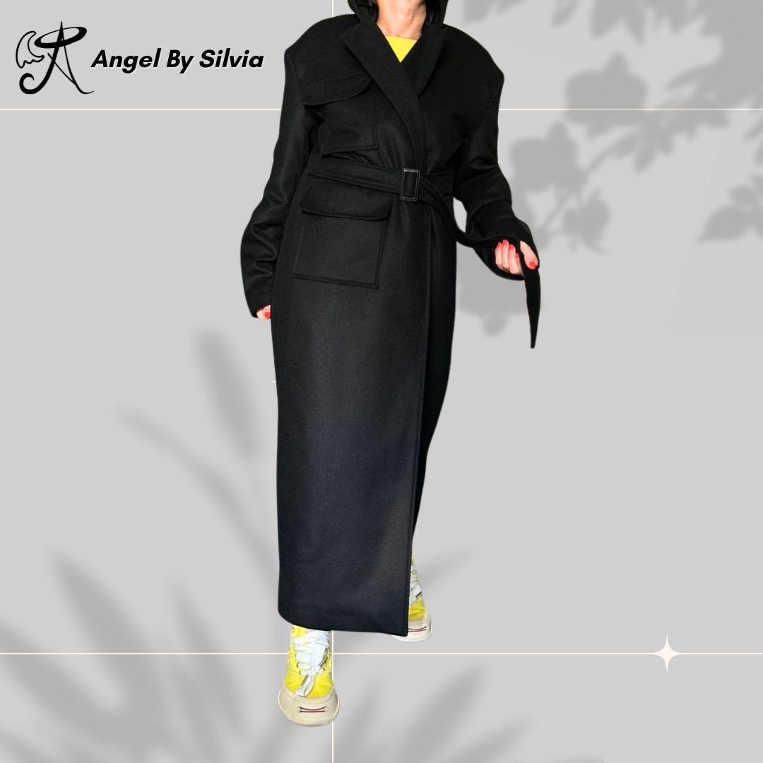 Black Wool Blend Belted Trench Coat: Classic Winter Style