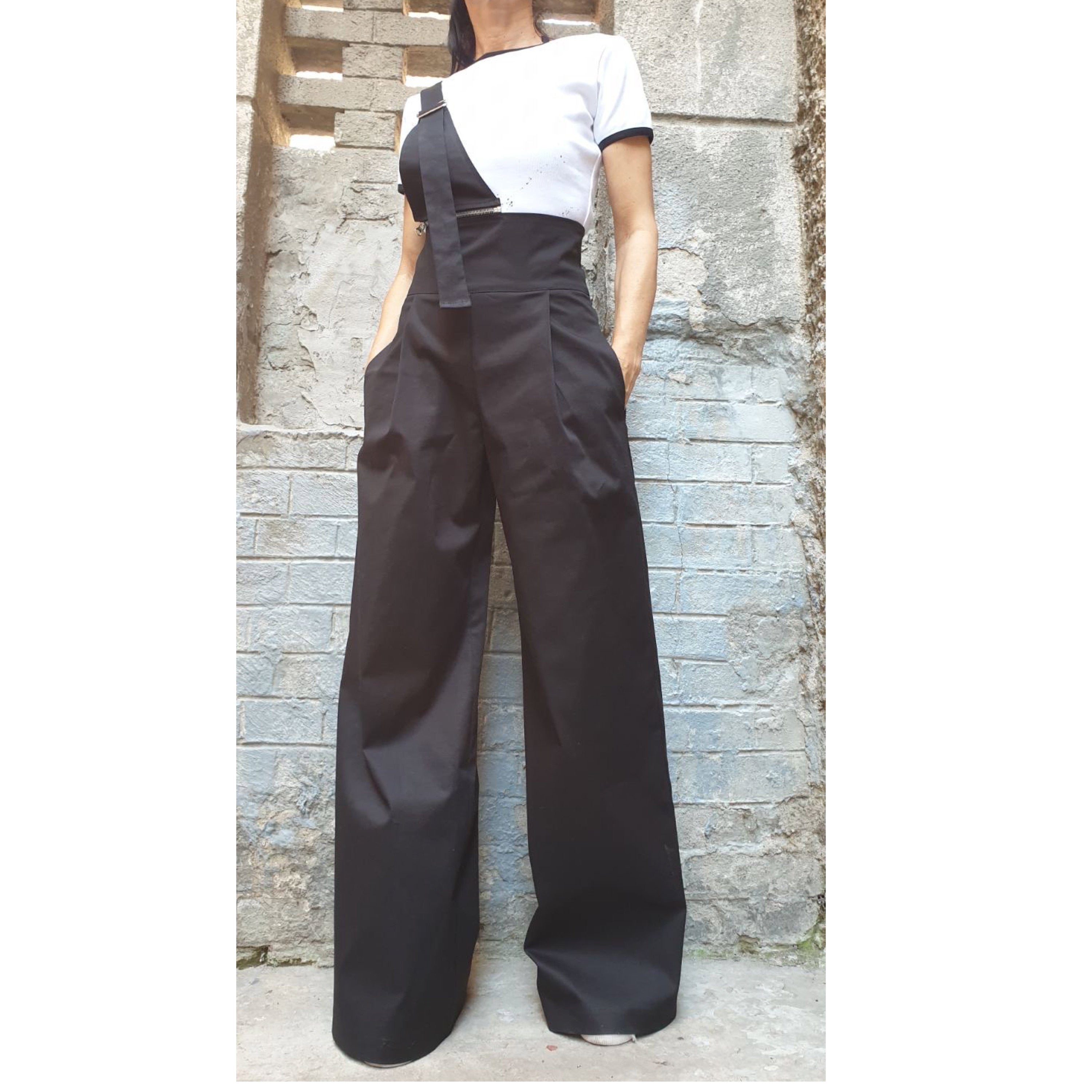 Black High Waist Wide Leg Pants – Asymmetrical Strap Detail, Designer Cotton Trousers with Pockets