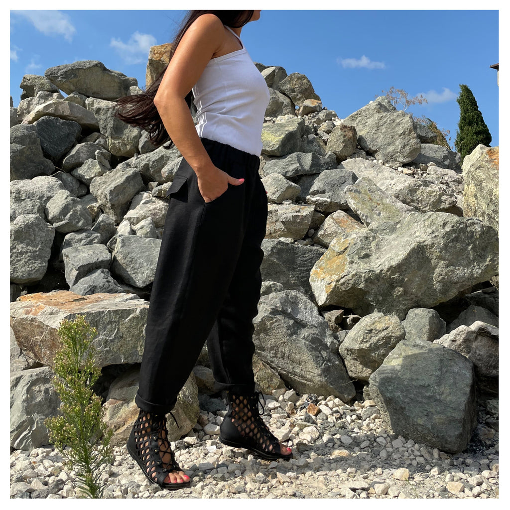 Women’s Black Linen Pants – High-Waist Drawstring Trousers with Pockets / Casual Summer Streetwear