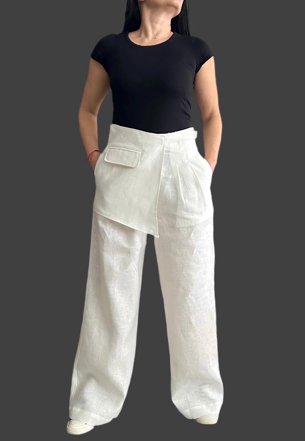 Linen Wide Leg Pants / Asymmetric High Waist Summer Trousers