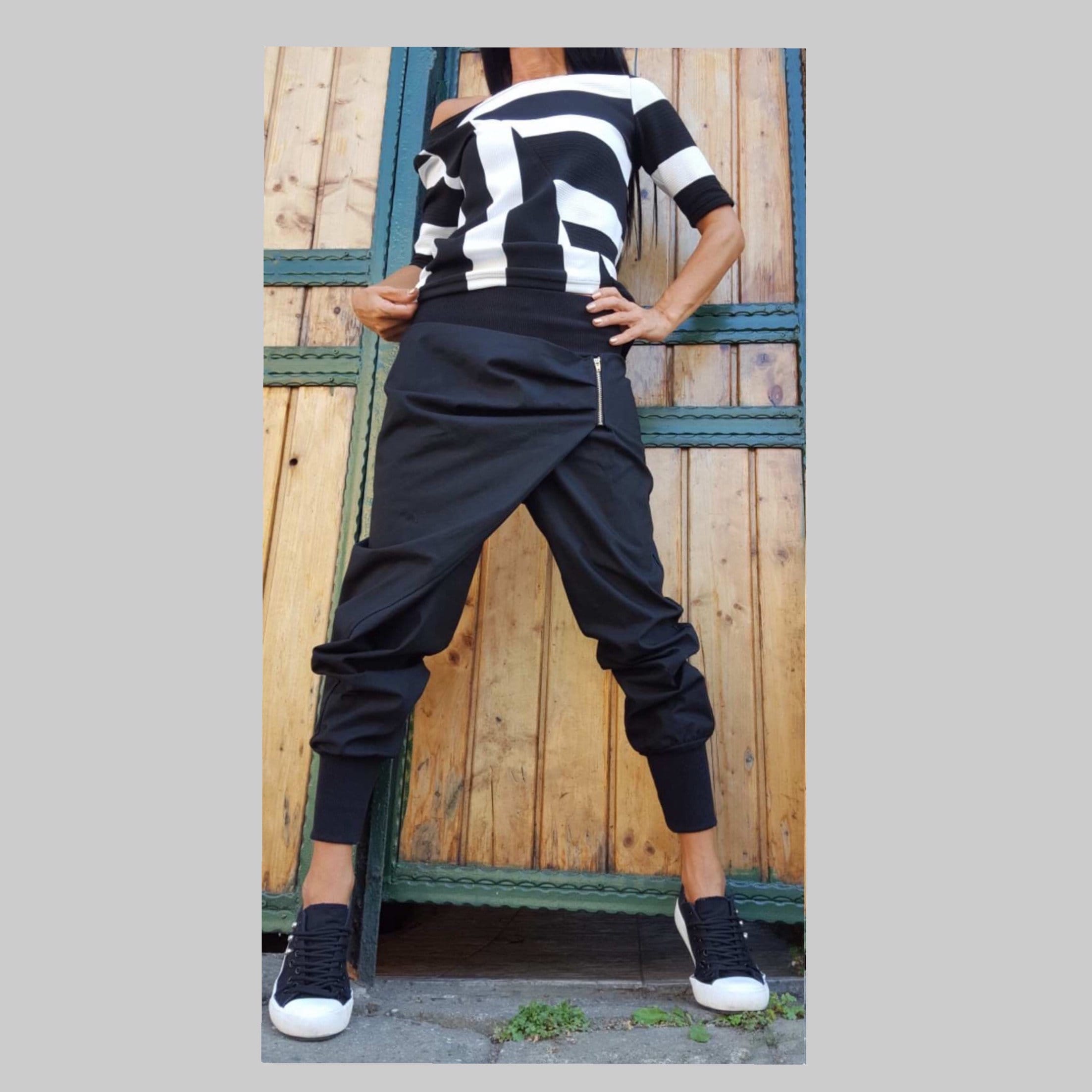 Asymmetric Black Cotton Pants – Women’s Avant-Garde Stretch Trousers with Elastic Waist & Cuffed Legs / Designer Streetwear