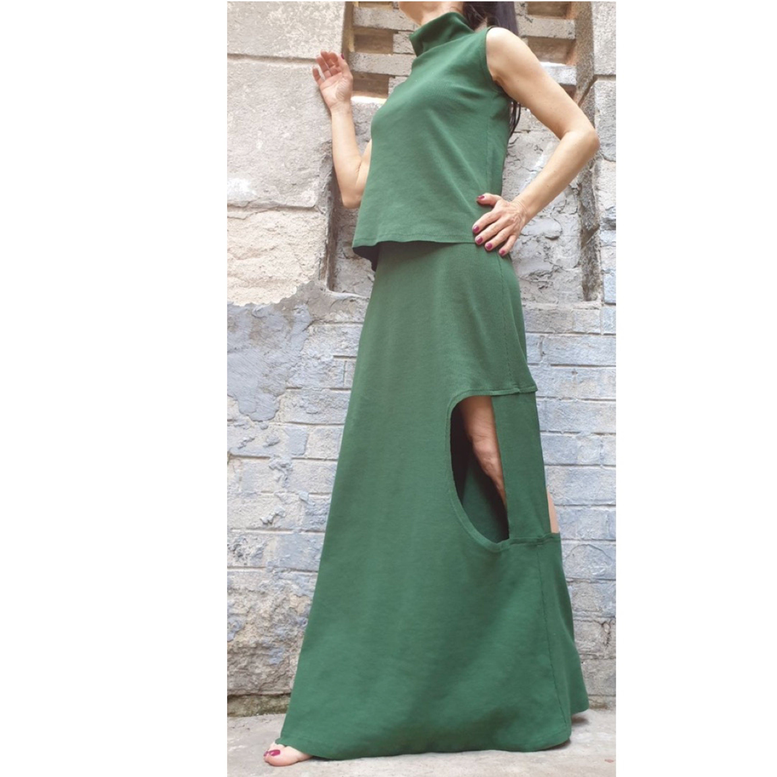Green Cotton Two Piece Set – Sleeveless Open Back Top & High Waist Maxi Skirt / Modern Avant-Garde Summer Outfit