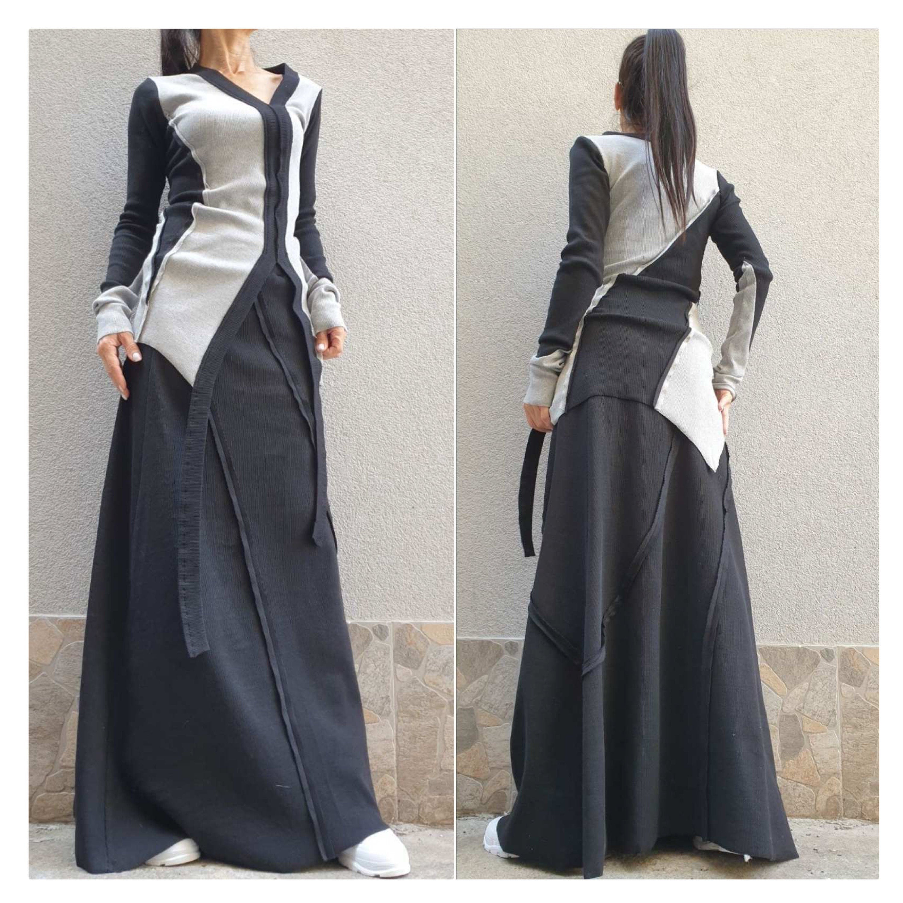 Asymmetric Cotton Set – Long Sleeve Top and Maxi Skirt / Black Grey Two-Piece Outfit / Avantgarde Women’s Clothing