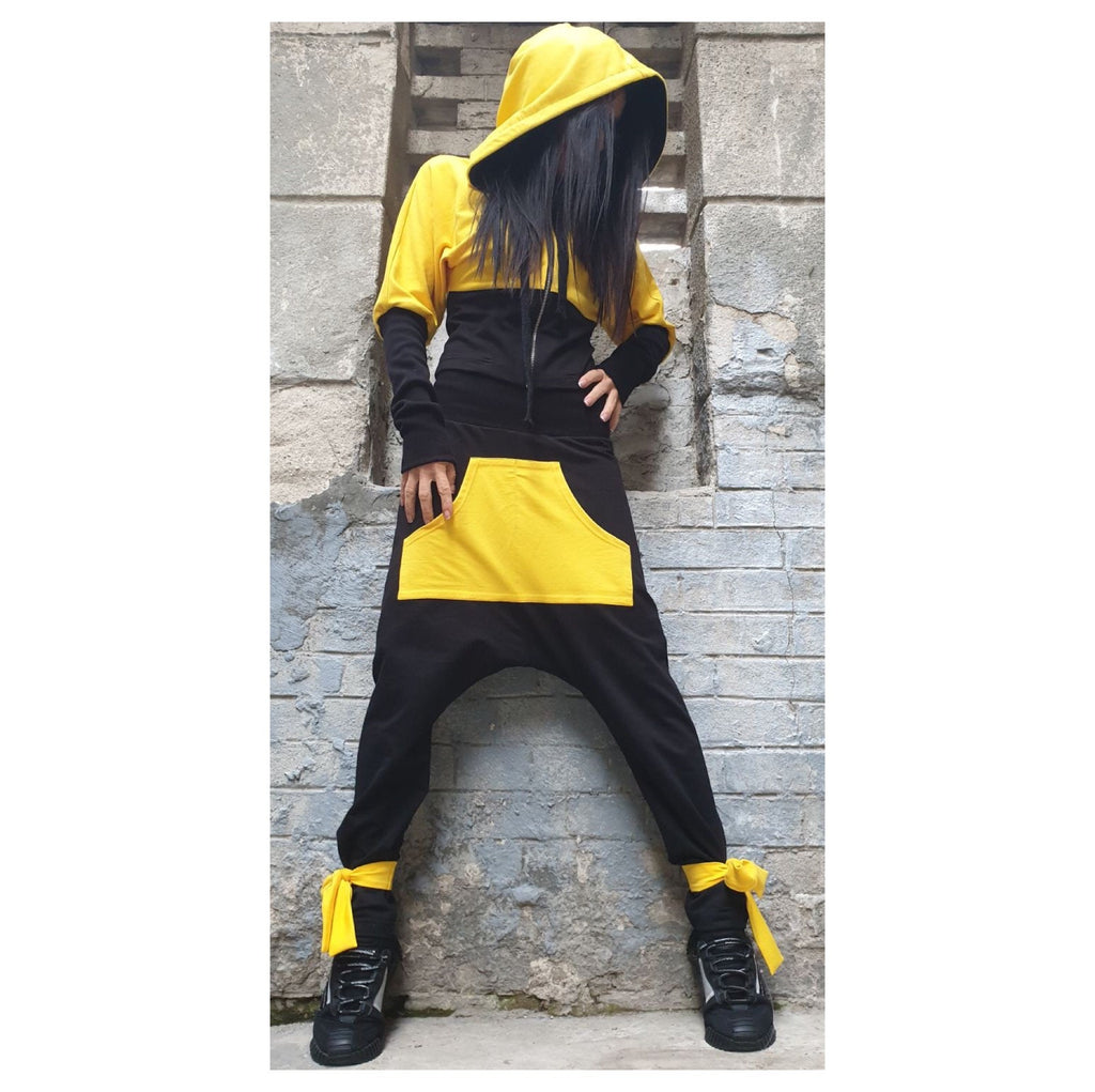 Yellow & Black Cotton Tracksuit – Hooded Crop Jacket / Harem Pants with Pocket
