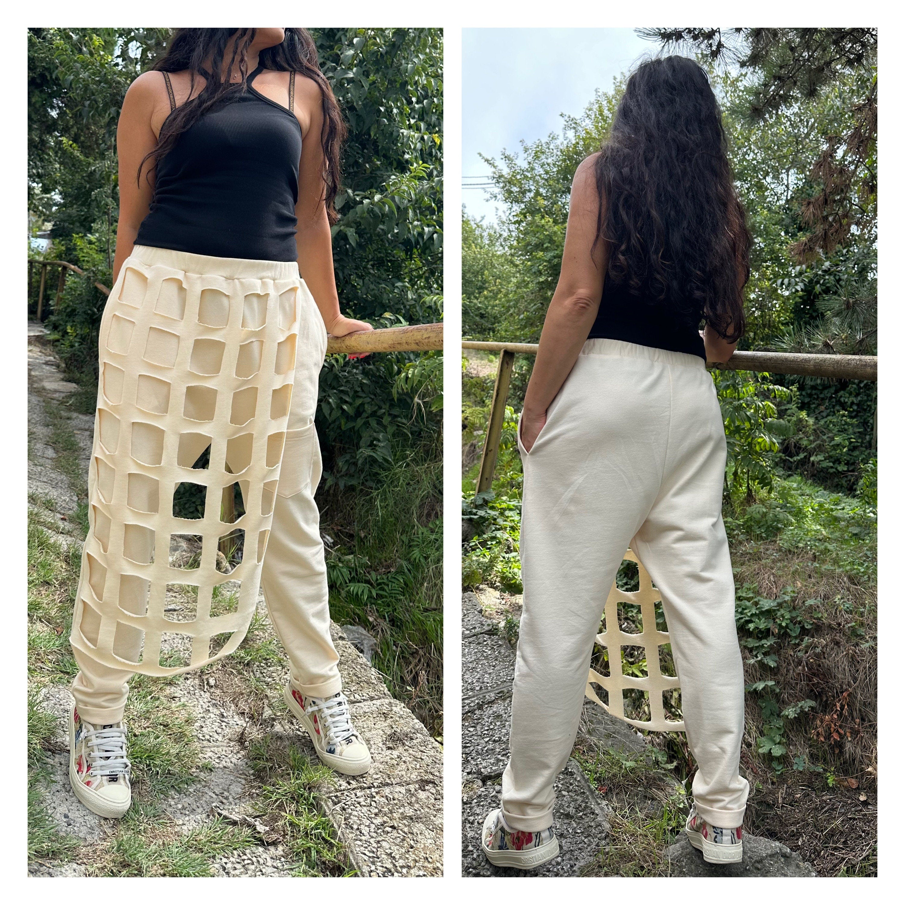 Hand-Cut Cotton Sweatpants – Artistic Grid Design with Elastic Waist and Pockets