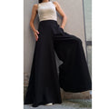High Waist Wide Leg Pants – Elastic Waistband / Black Trousers with Side Stripe / Women’s Sporty Chic Pants with Pockets