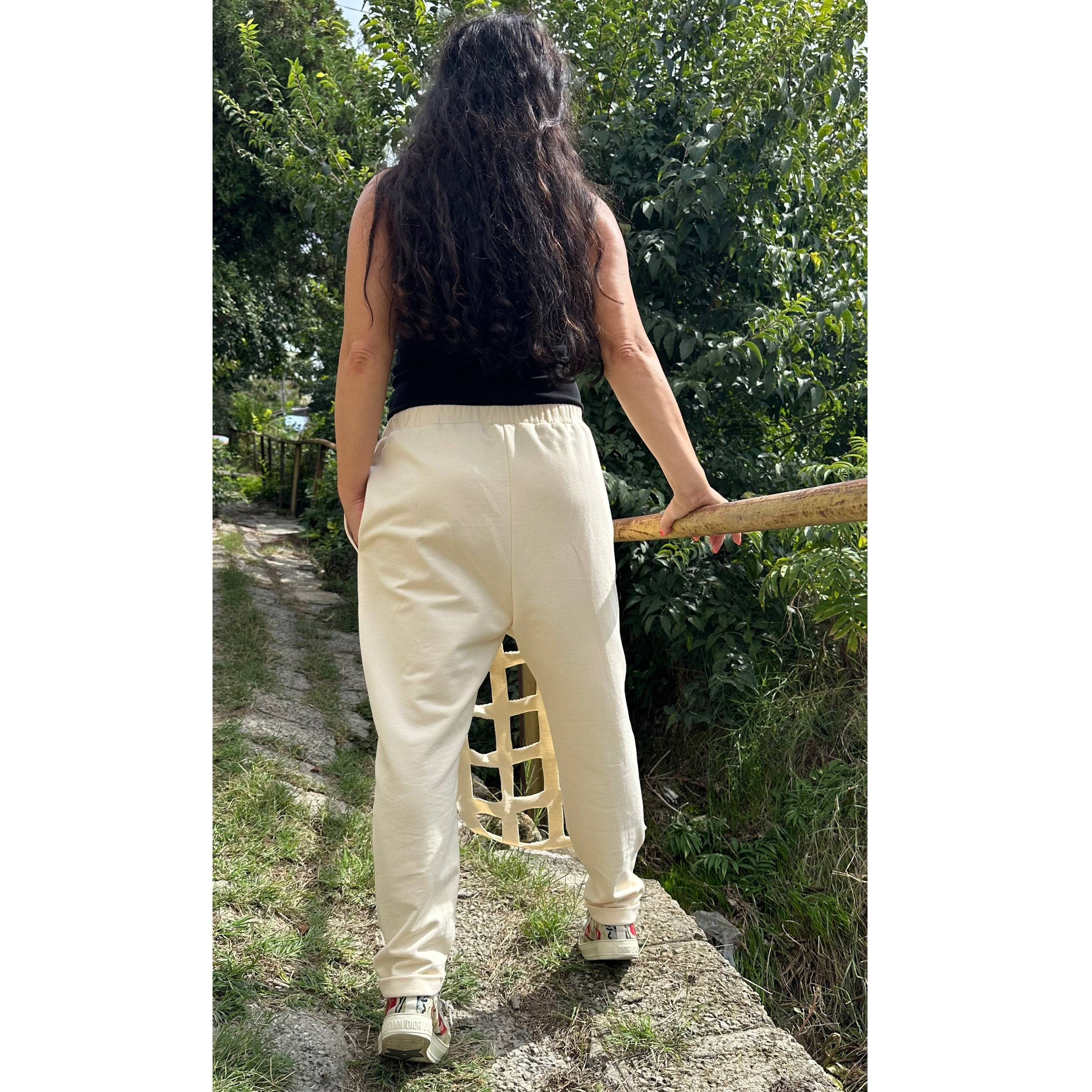 Hand-Cut Cotton Sweatpants – Artistic Grid Design with Elastic Waist and Pockets
