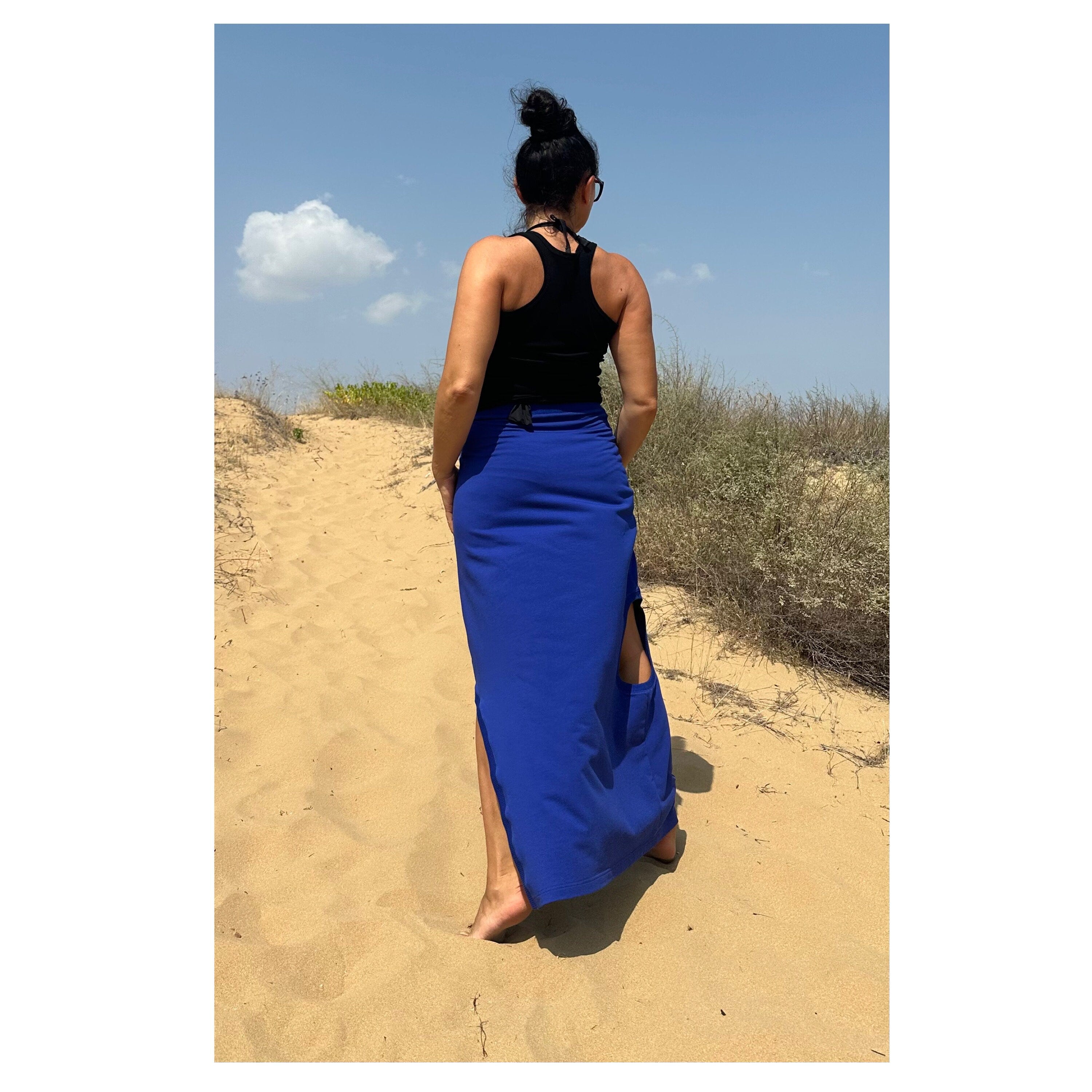 High-Waisted Cotton Skirt – Blue Maxi Skirt with Side Cut-Out and Slit / Handmade Summer Fashion