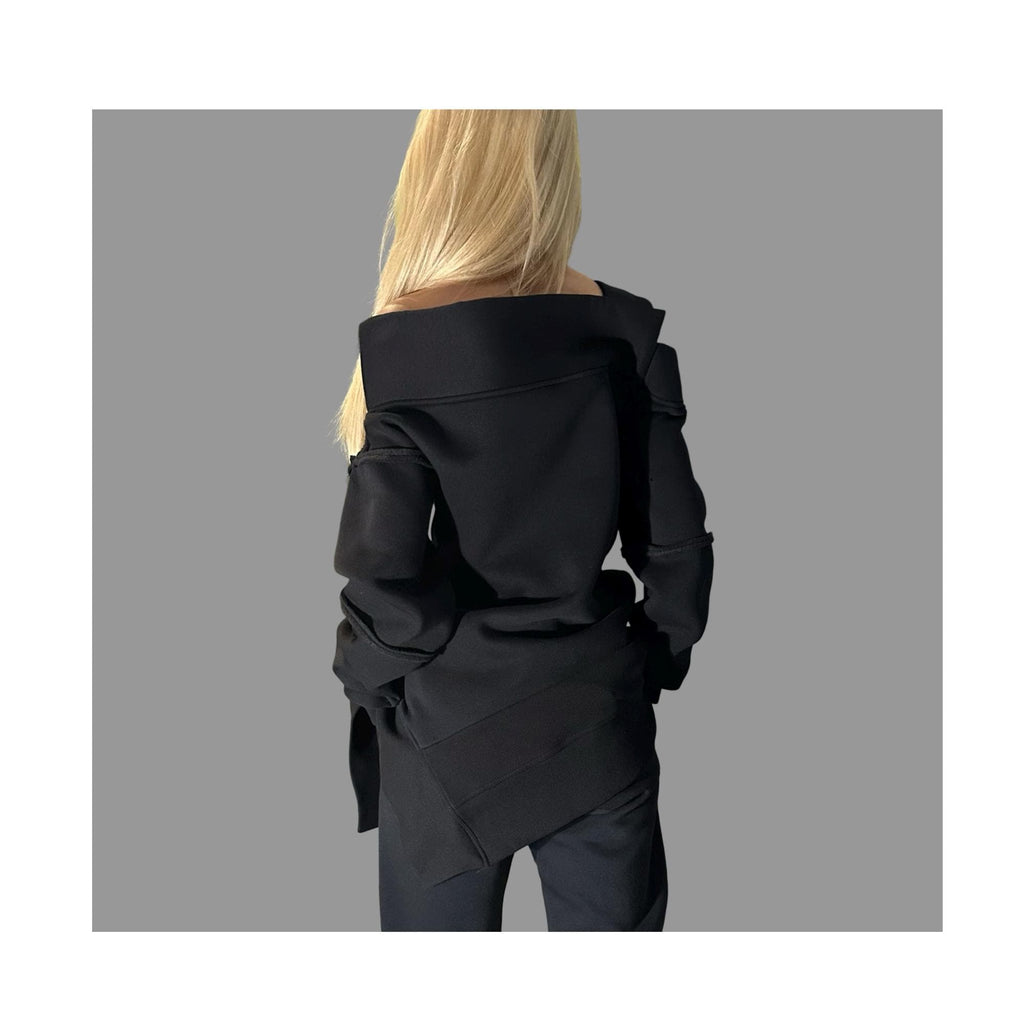 Black Asymmetric Winter Blouse with One Shoulder / Avant-Garde Cotton Top with External Seams