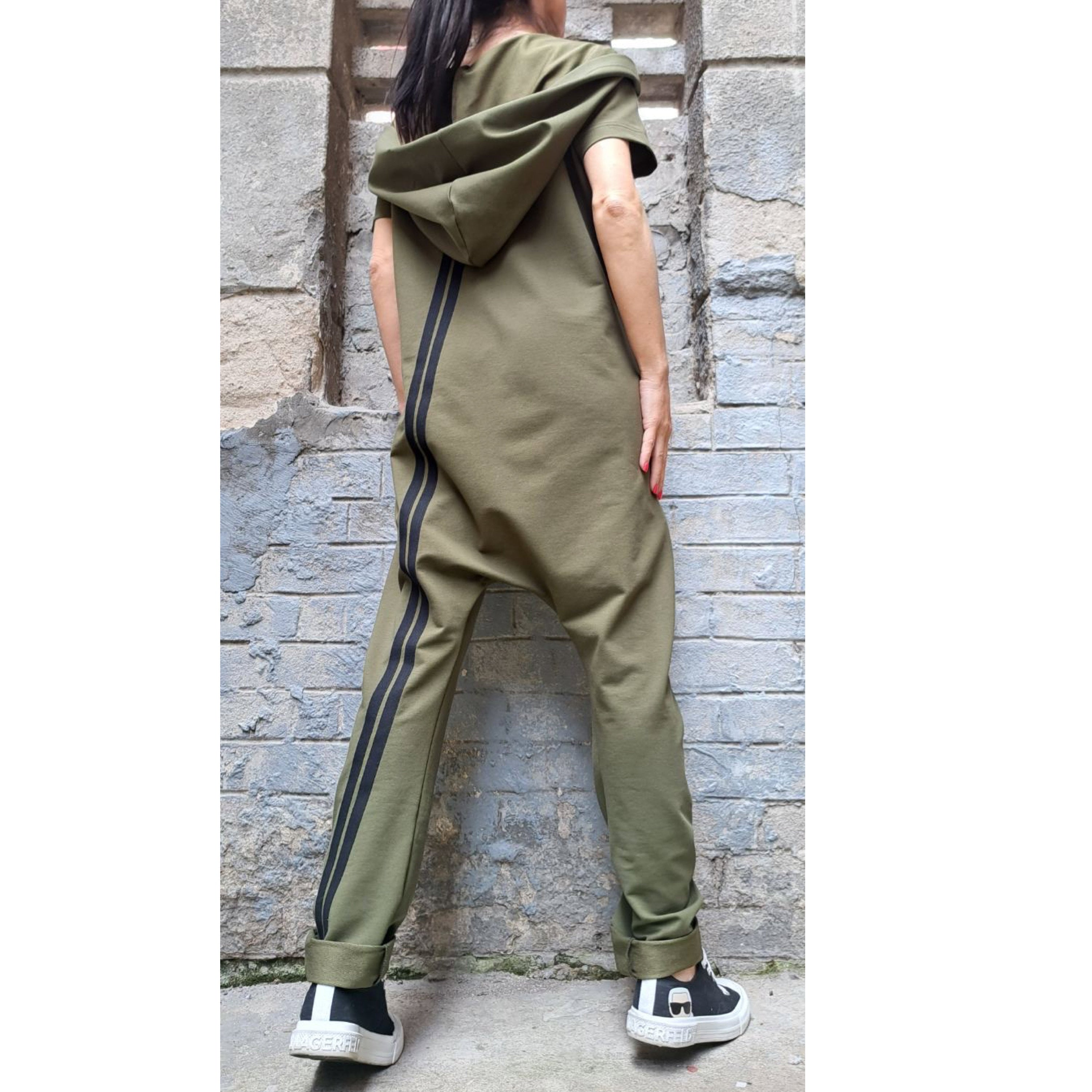 Women’s Hooded Harem Jumpsuit – Short Sleeve Urban Overall with Zipper / Cotton Streetwear Romper / Baggy Drop-Crotch Jumpsuit