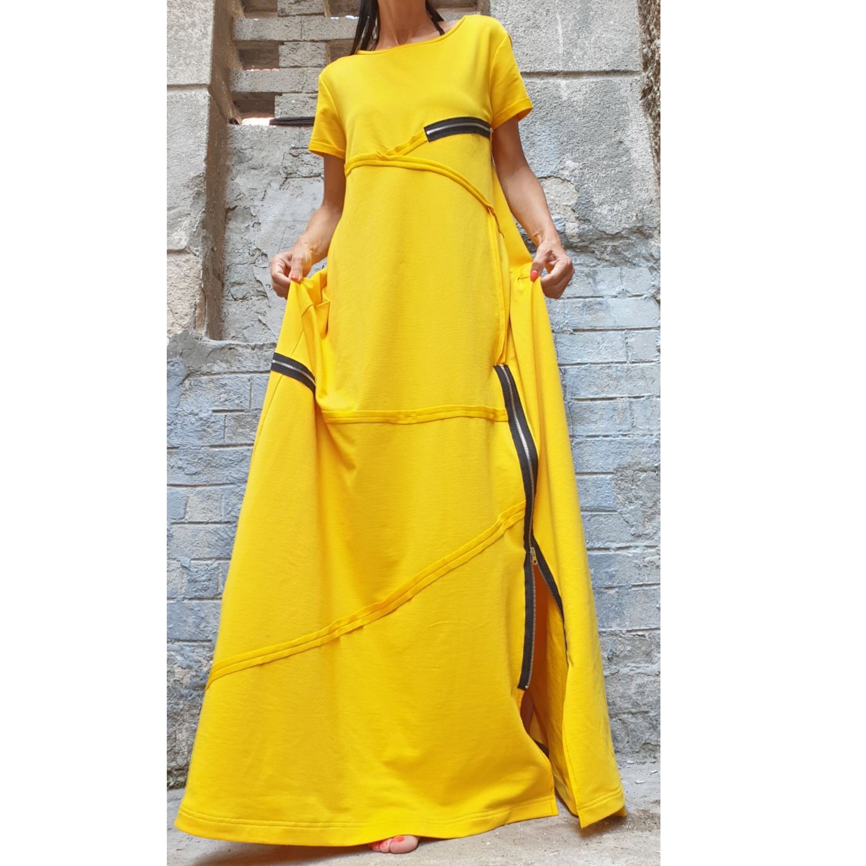 Yellow Maxi Dress – Loose Cotton Dress with Zippers / Short Sleeve Avantgarde Dress / Oversized Summer Dress / Designer Long Dress