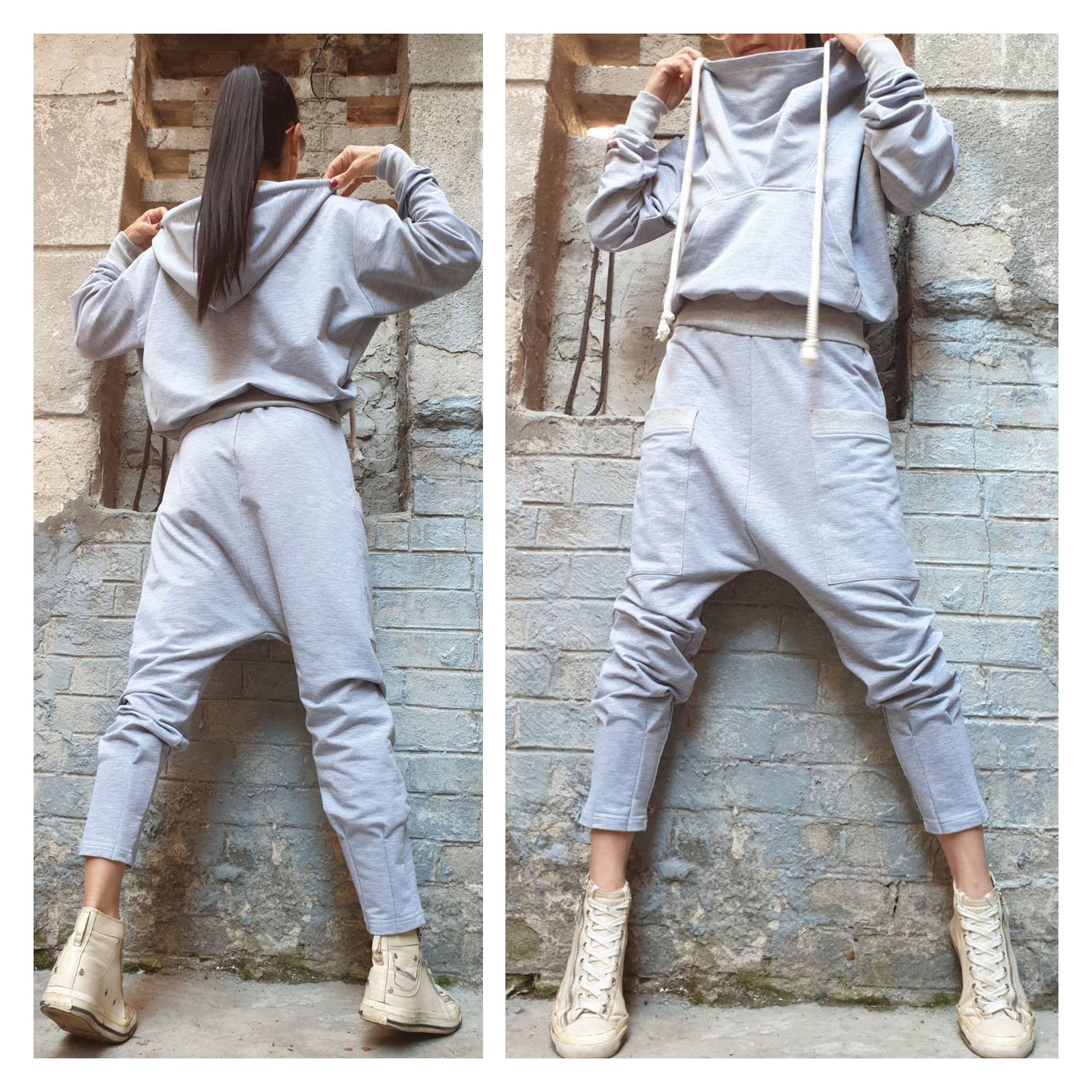 Grey Cotton Tracksuit Set – Women’s Hoodie & Drop-Crotch Harem Pants / Minimalist Streetwear Two-Piece / XS–5XL