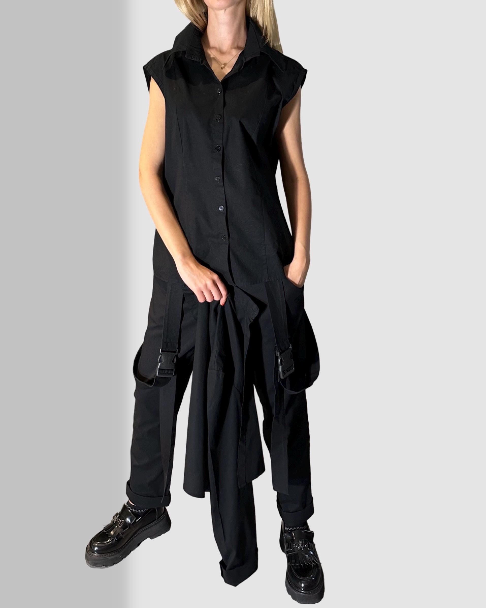 Avant-Garde Black Women’s Shirt / Two-Piece Sleeveless Shirt with Detachable Long Sleeve / Designer Statement Top