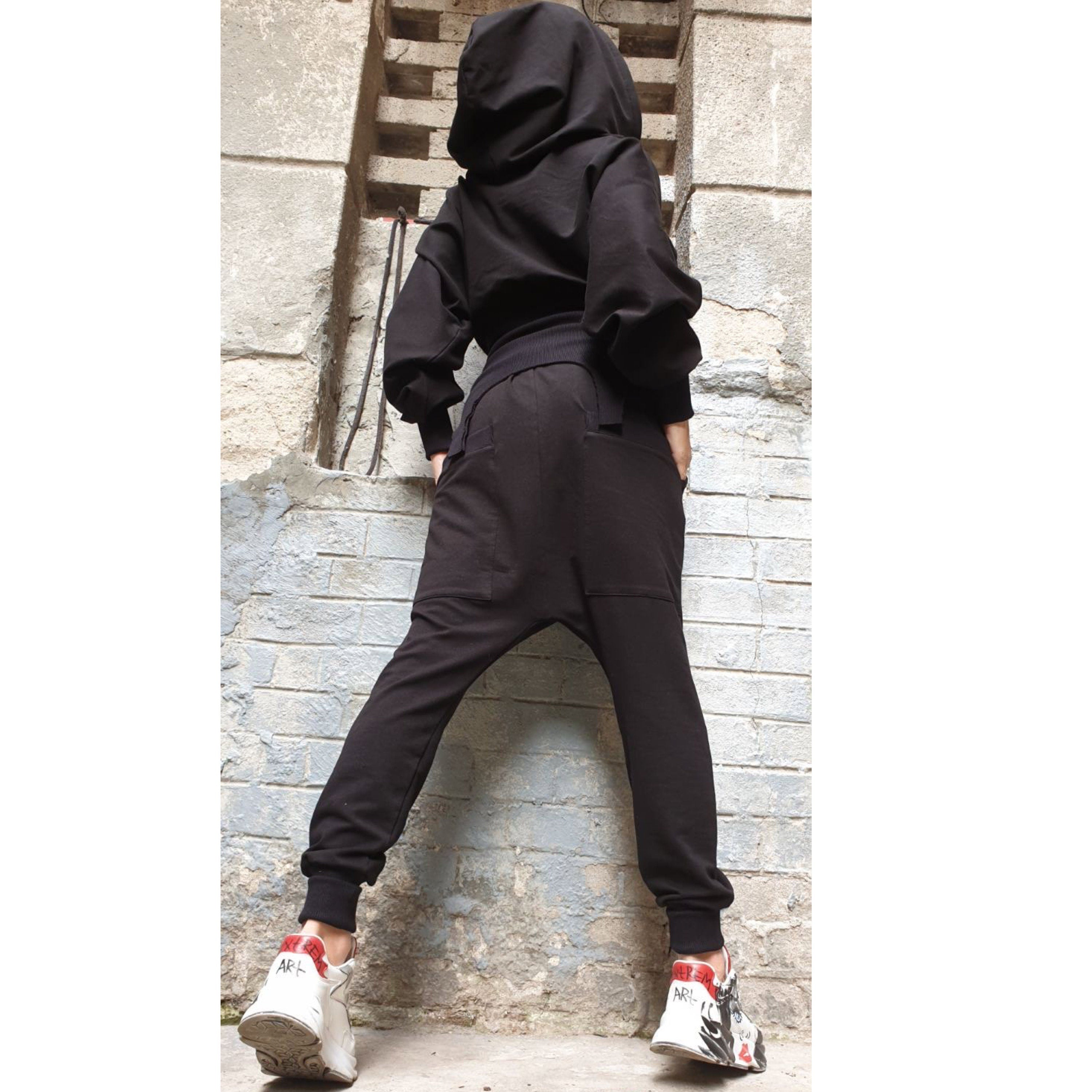 Black Cotton Tracksuit Set – Asymmetric Hoodie with Ribbed Detail & Harem Pants / Two-Piece Fleece Outfit XS–5XL