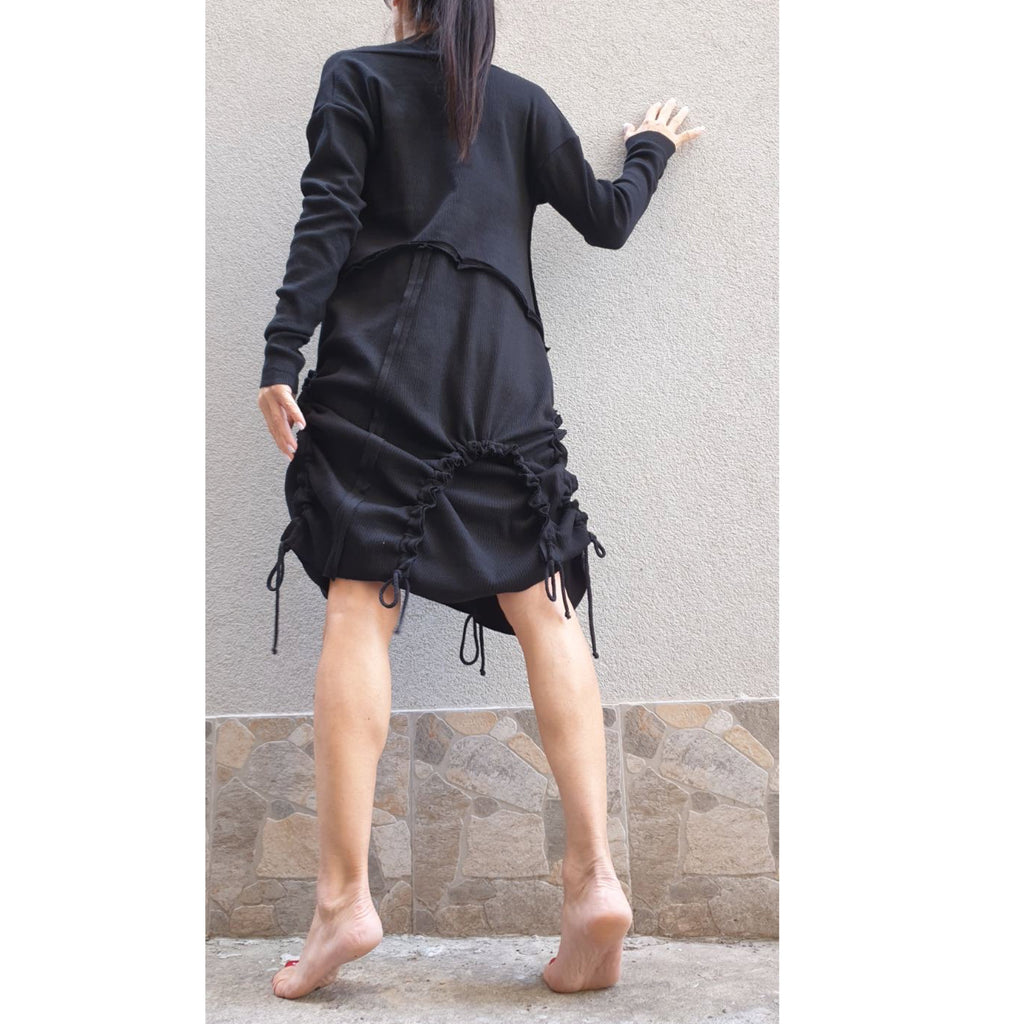 Black Asymmetric Tunic Dress – Long Sleeve High Collar Cotton Rib Dress with Adjustable Drawstrings / XS–5XL
