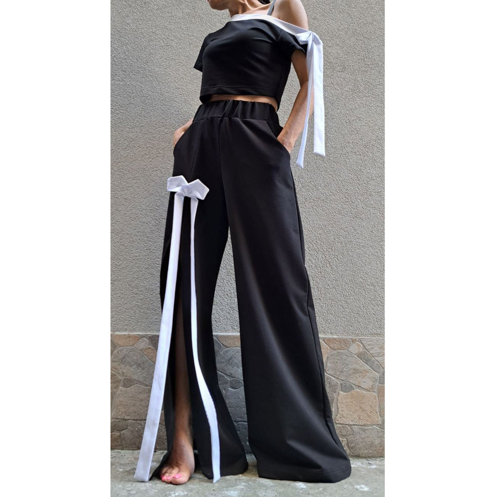 Asymmetric Black Cotton Set with Bow Detail – One Shoulder Top & High Waist Wide Leg Pants