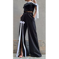 Asymmetric Black Cotton Set with Bow Detail – One Shoulder Top & High Waist Wide Leg Pants
