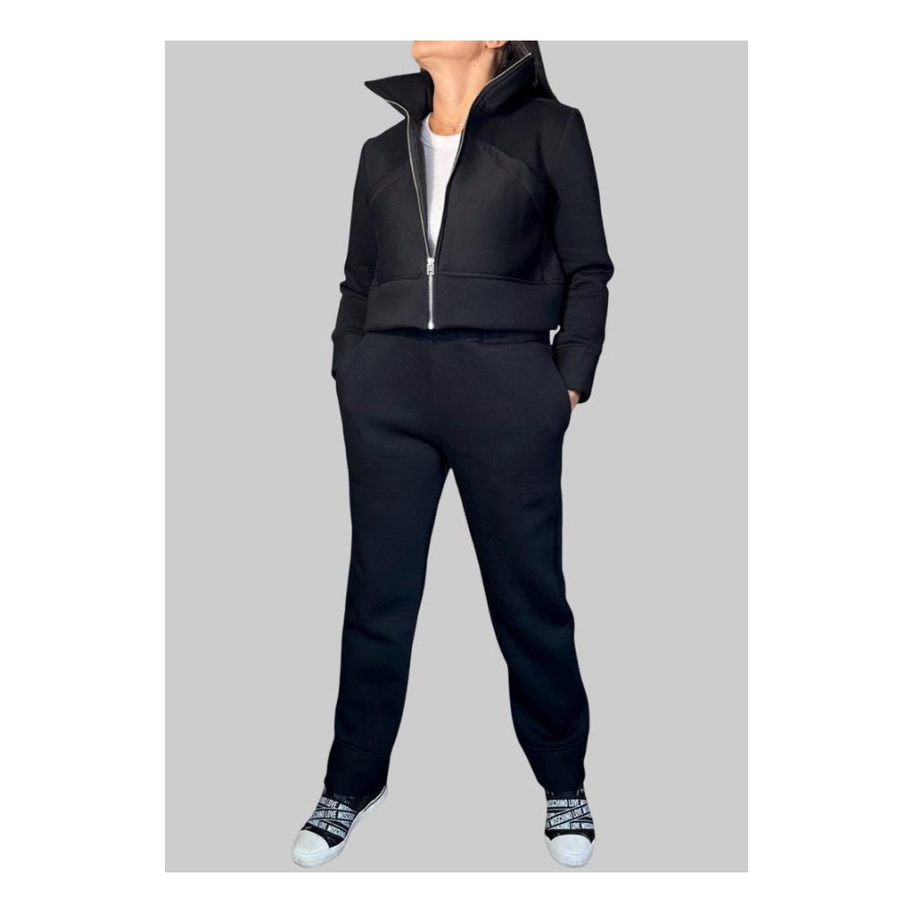 Women’s Two-Piece Tracksuit Set – Black High-Neck Zip Jacket & Jogger Pants / Thick Cotton Blend Loungewear / Minimalist Athleisure Outfit