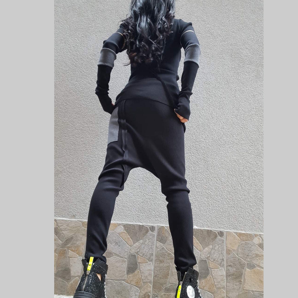 Black Cotton Rib Knit Tracksuit Set – Asymmetric Top with Separate Sleeves & Drop Crotch Pants