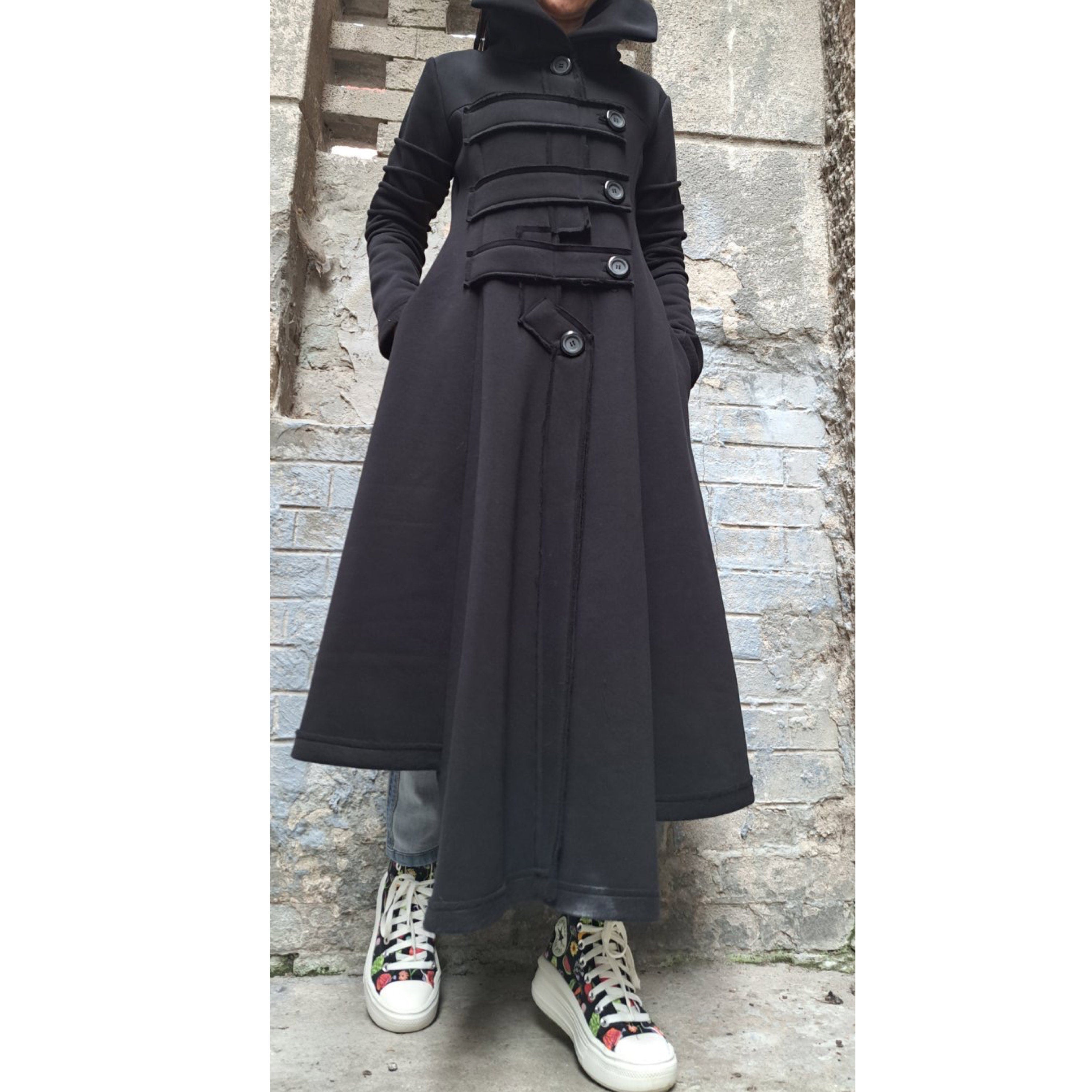 Asymmetric Black Cotton Coat with High Collar – Avant-Garde Long Jacket for Urban Style