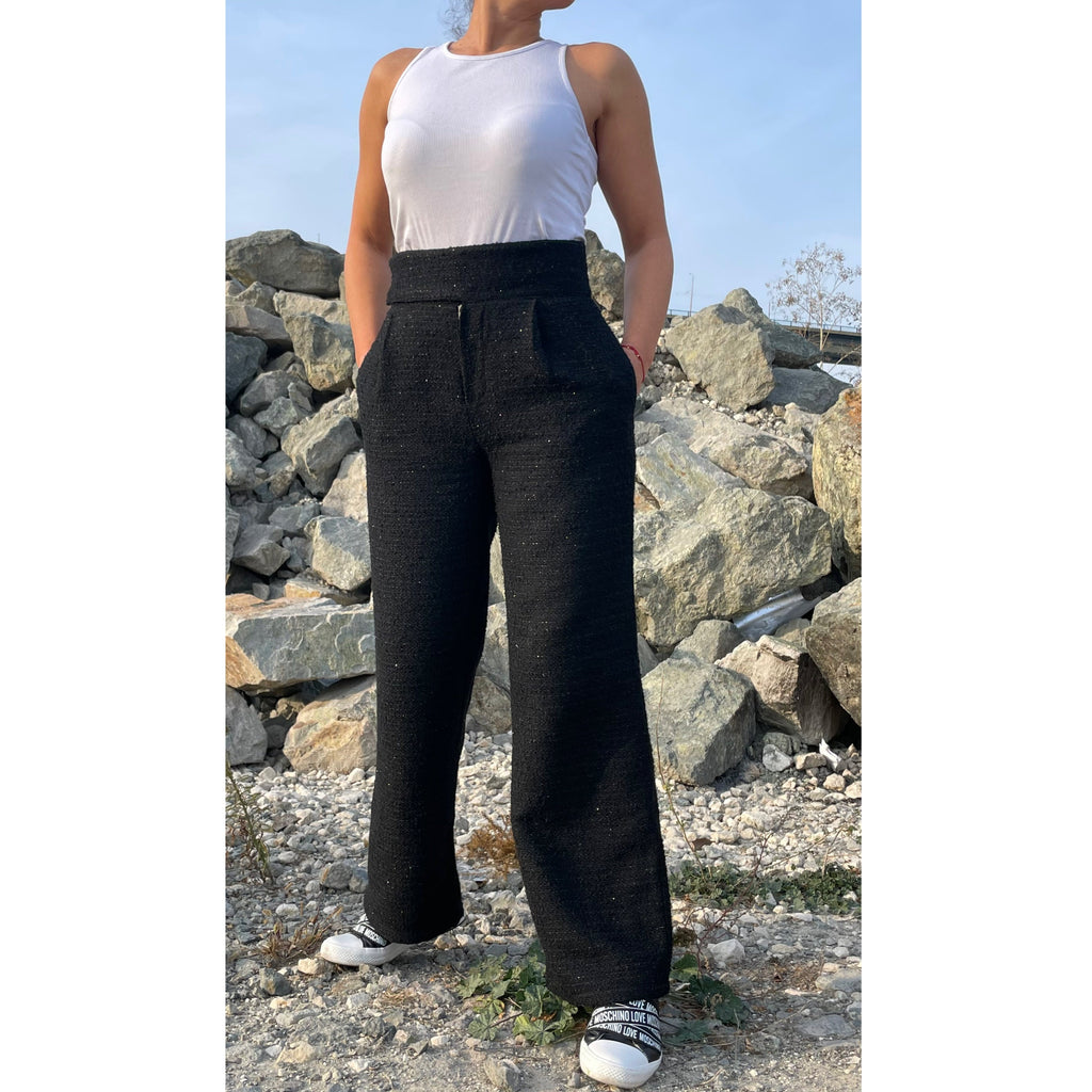 Black Tweed Wide-Leg Pants – High Waist Bouclé Trousers with Side Pockets