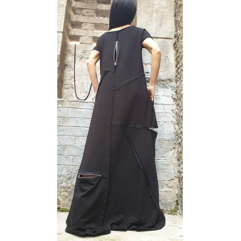 Black Maxi Designer Dress – Avant-Garde Cut Dress with Zippers & Exposed Seams / Cotton Fleece Jersey / Oversized Architectural Dress XS–5XL