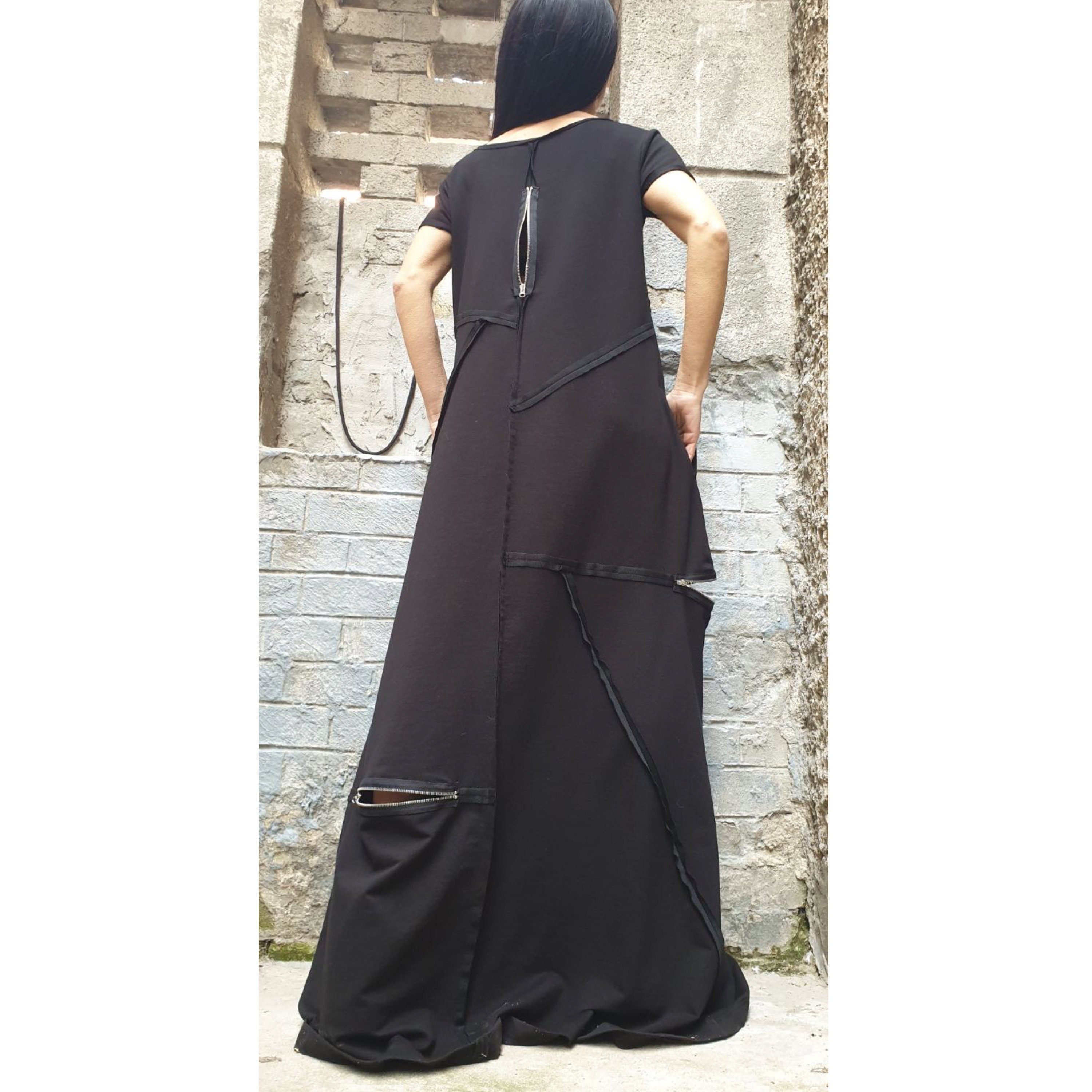 Black Maxi Designer Dress – Avant-Garde Cut Dress with Zippers & Exposed Seams / Cotton Fleece Jersey / Oversized Architectural Dress XS–5XL