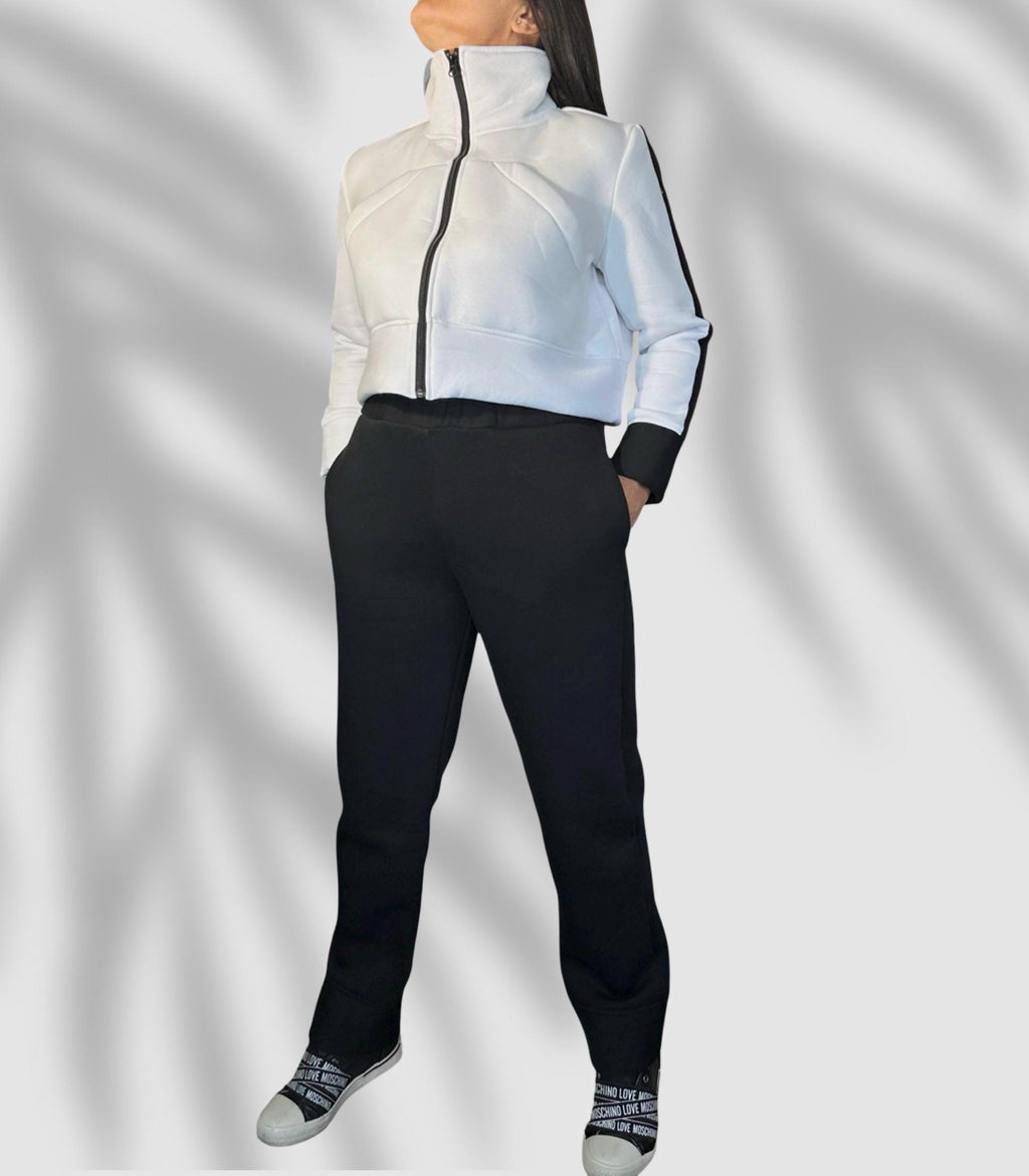 Black  White Fleece Set – Cropped Jacket & High Waist Joggers / Warm Two-Piece Tracksuit