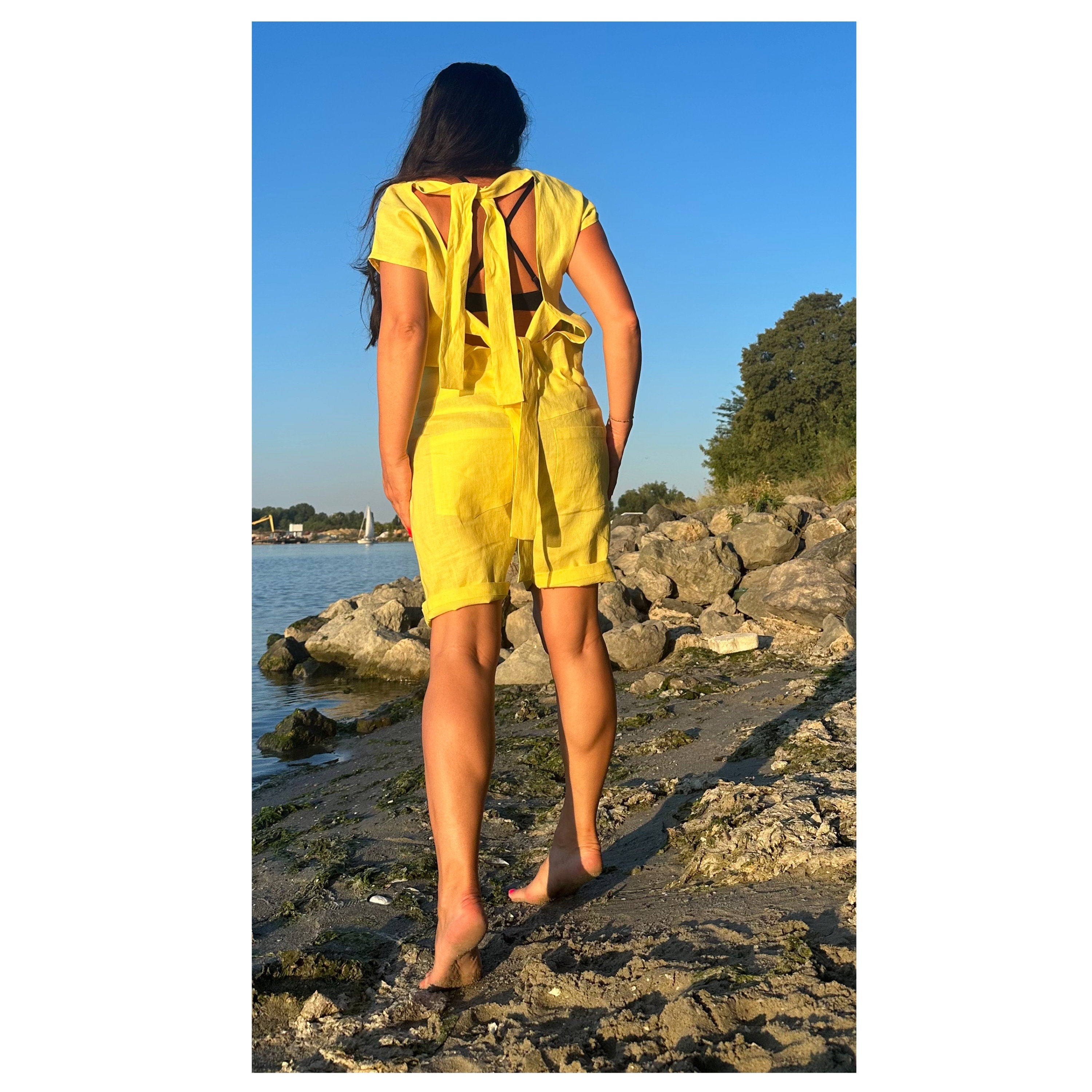 Yellow Linen Overalls / Sleeveless Open Back Summer Jumpsuit
