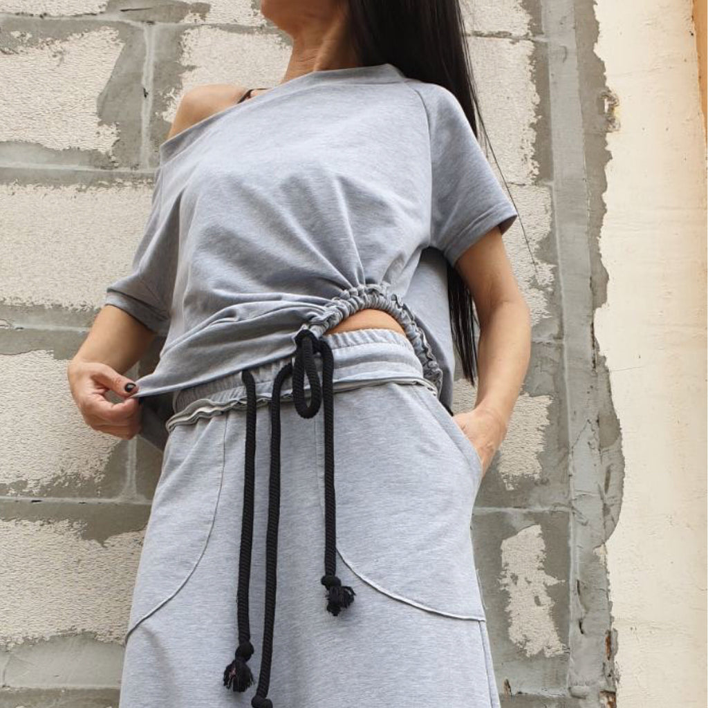 Asymmetric One Shoulder Cotton Blouse with Drawstring / Grey Short Sleeve Top / Urban Casual Designer Shirt