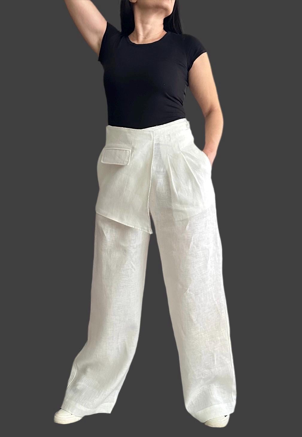 Linen Wide Leg Pants / Asymmetric High Waist Summer Trousers