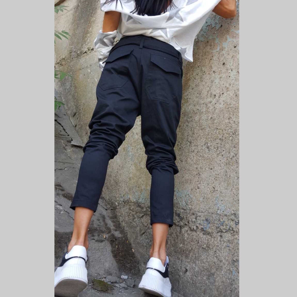 Street Style Black Cotton Pants – Urban Zipper Detail Joggers with Elastic Waist