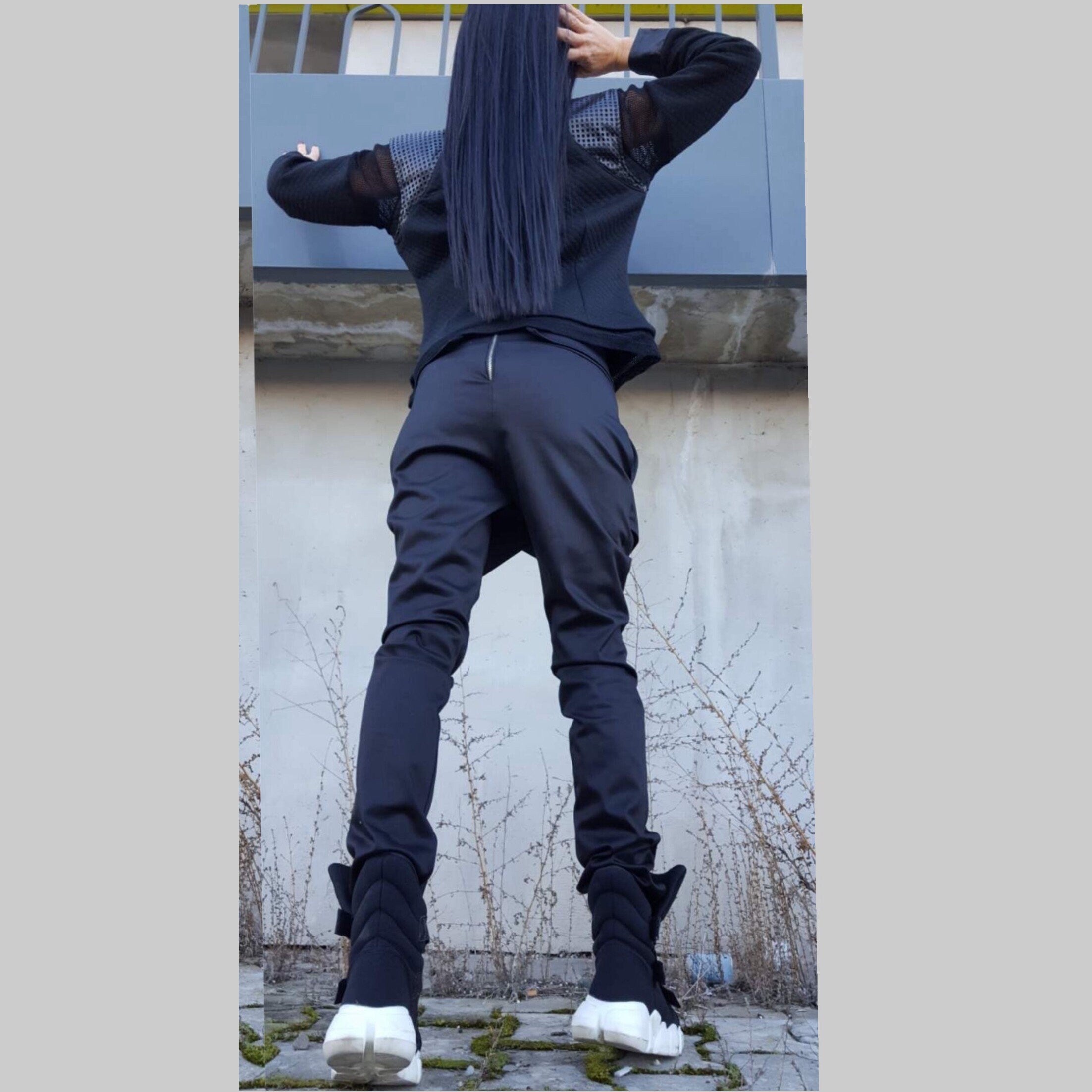 Black Cotton Designer Pants with Asymmetrical Front Detail / Avant-Garde Side Pockets Pants