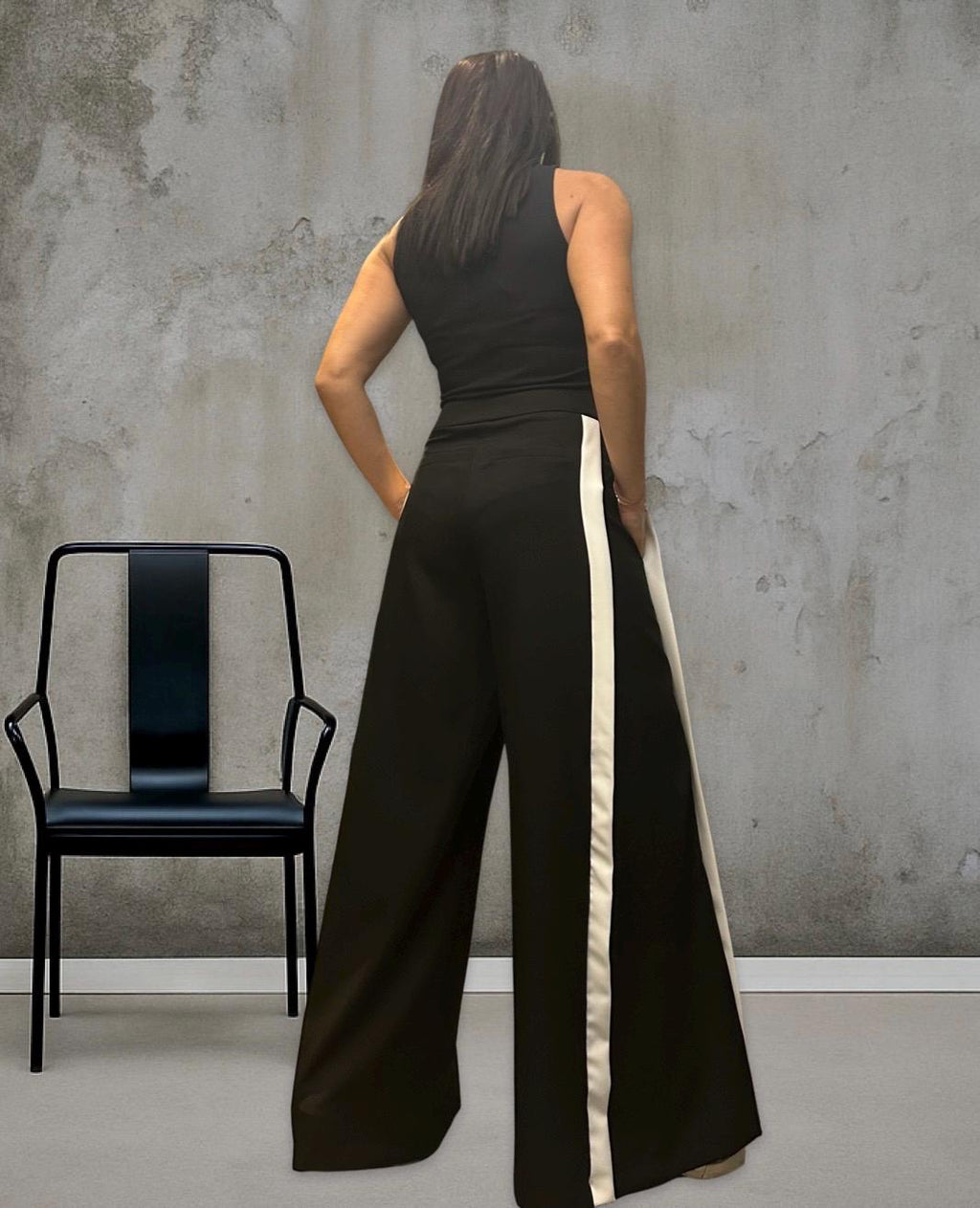 Black Wide Leg Pants for Women – High Waist Trousers with White Side Stripe / Sporty Chic Maxi Pants with Pockets