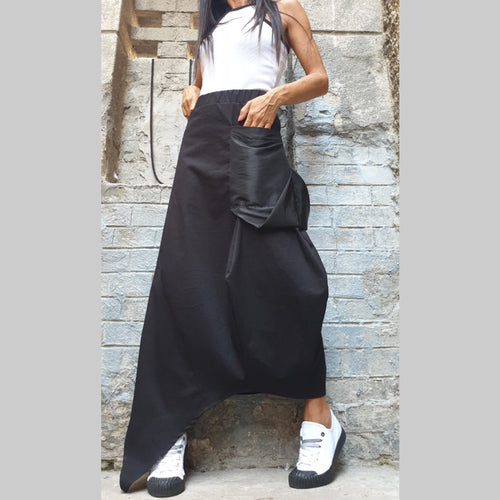 Asymmetric Black Maxi Skirt with Pocket – Avant-Garde High Waist Cotton Skirt