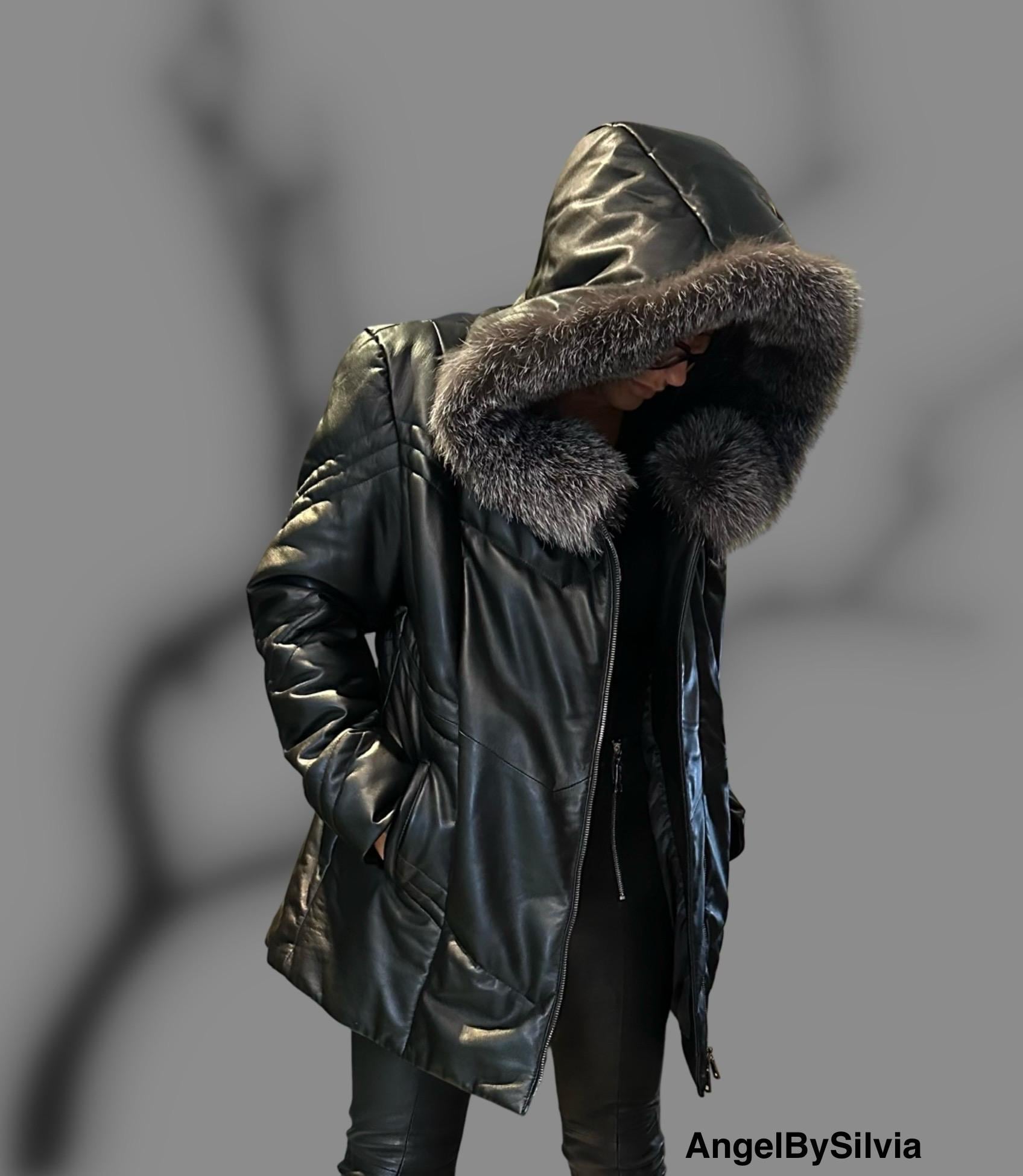 Women’s Real Lambskin Leather Coat with Genuine Fox Fur Hood / Winter Luxury Shearling Jacket / Warm Handmade Leather Outerwear