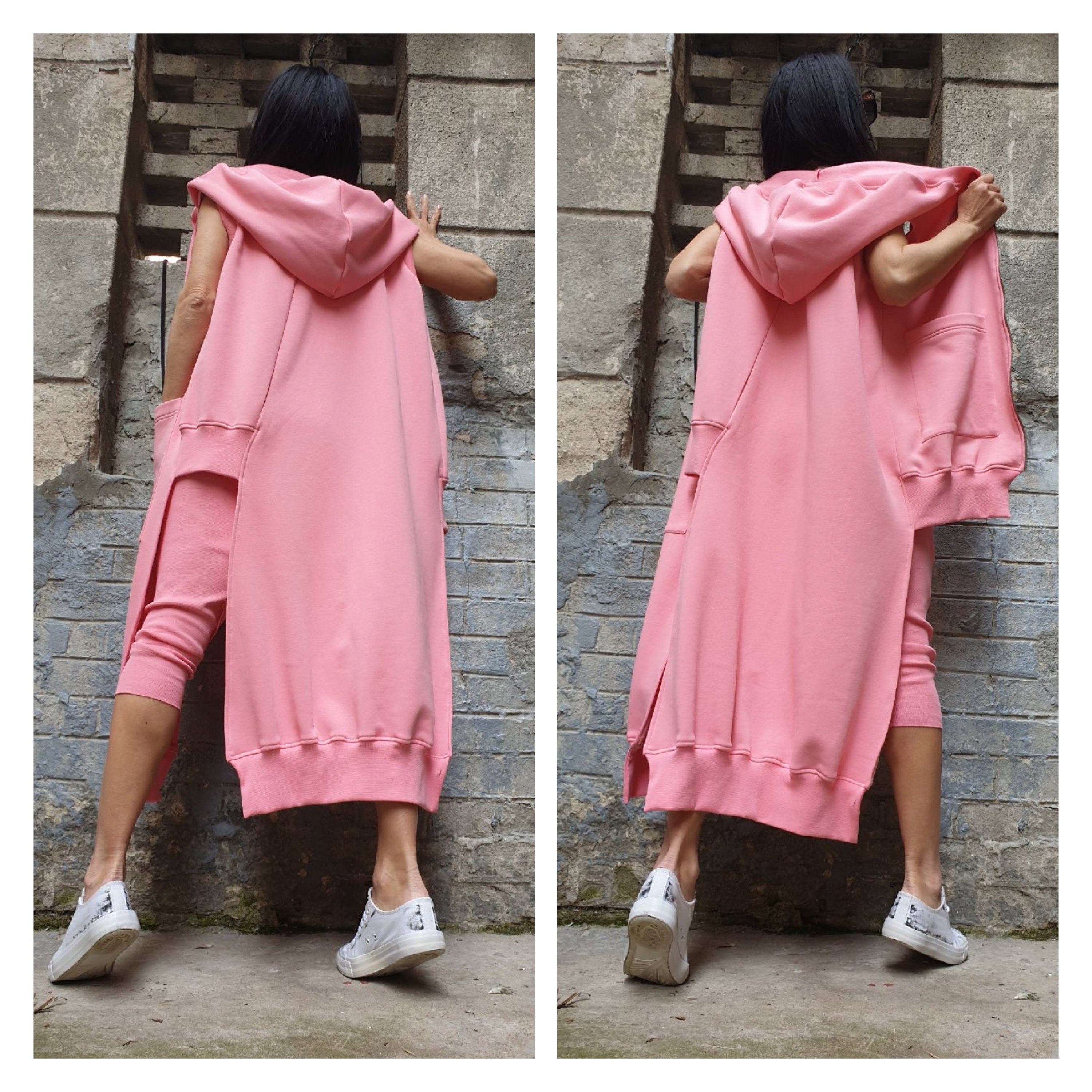 Pink Asymmetric Hooded Vest & Harem Pants Set – Warm Cotton Fleece Outfit / Avant-Garde Urban Two Piece