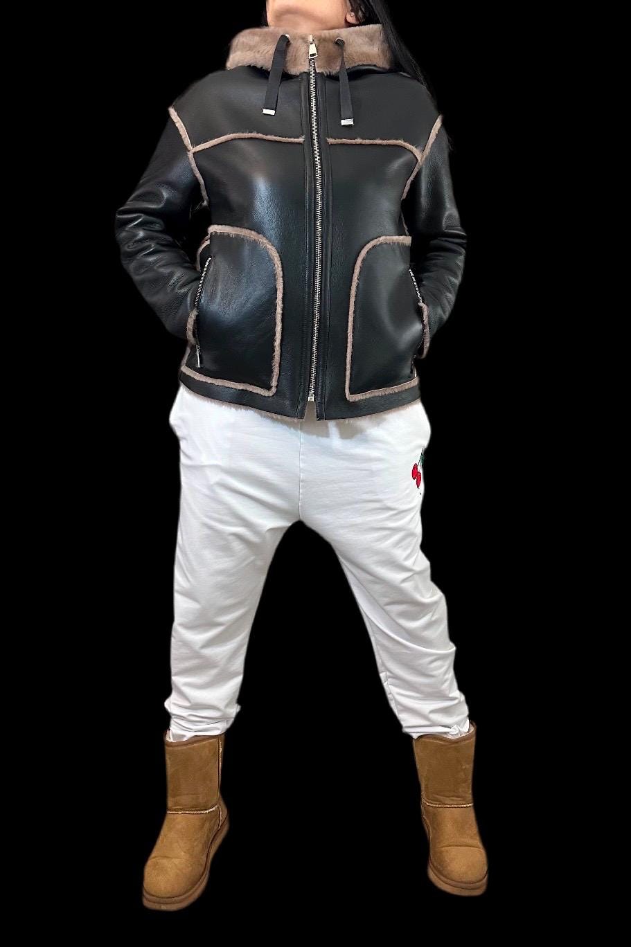Women’s Hooded Shearling Coat  Dark Brown Lambskin Winter Jacket / Warm Handmade Leather Outerwear