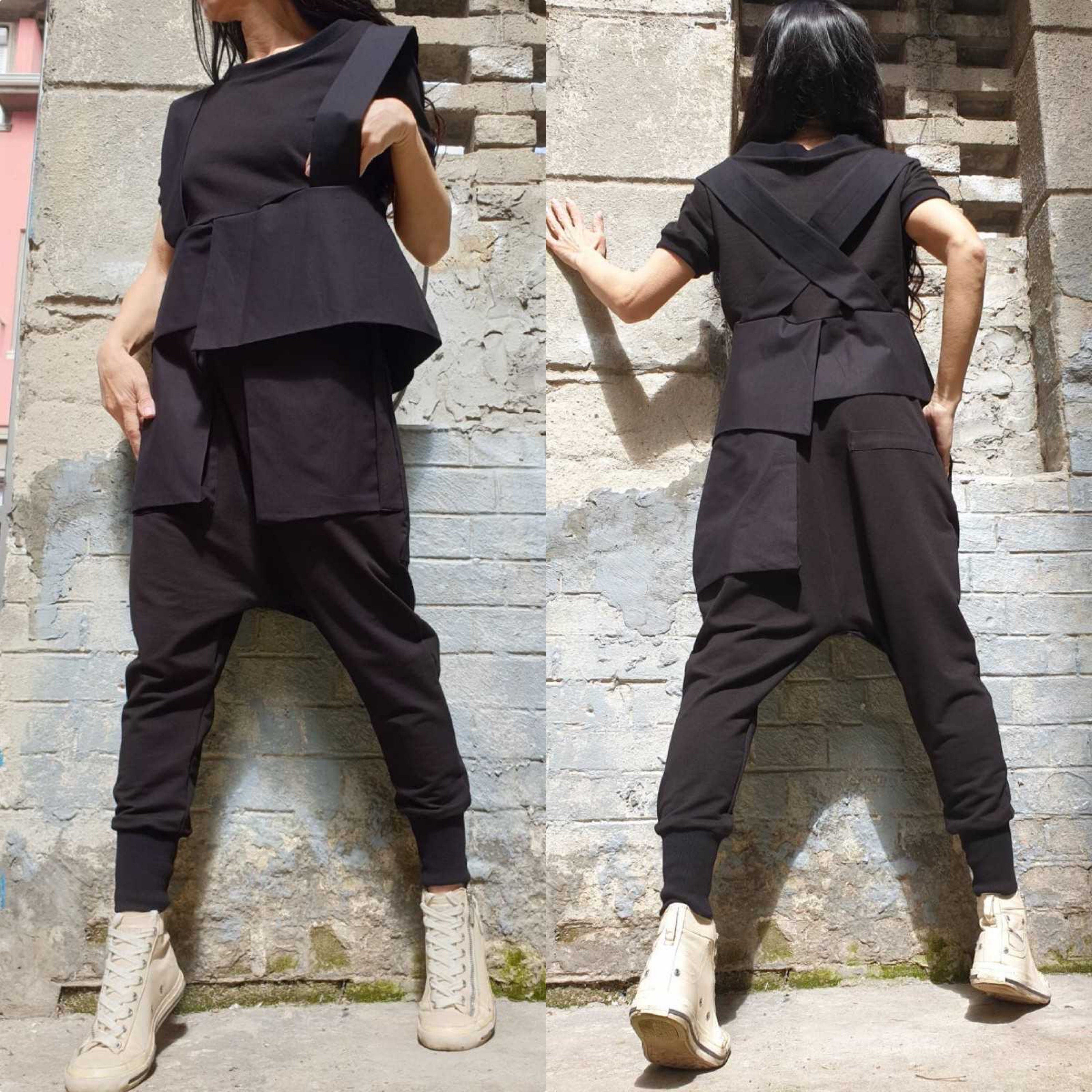 Asymmetric Black Cotton Top with Strap Detail – Avant-Garde Short Sleeve Blouse